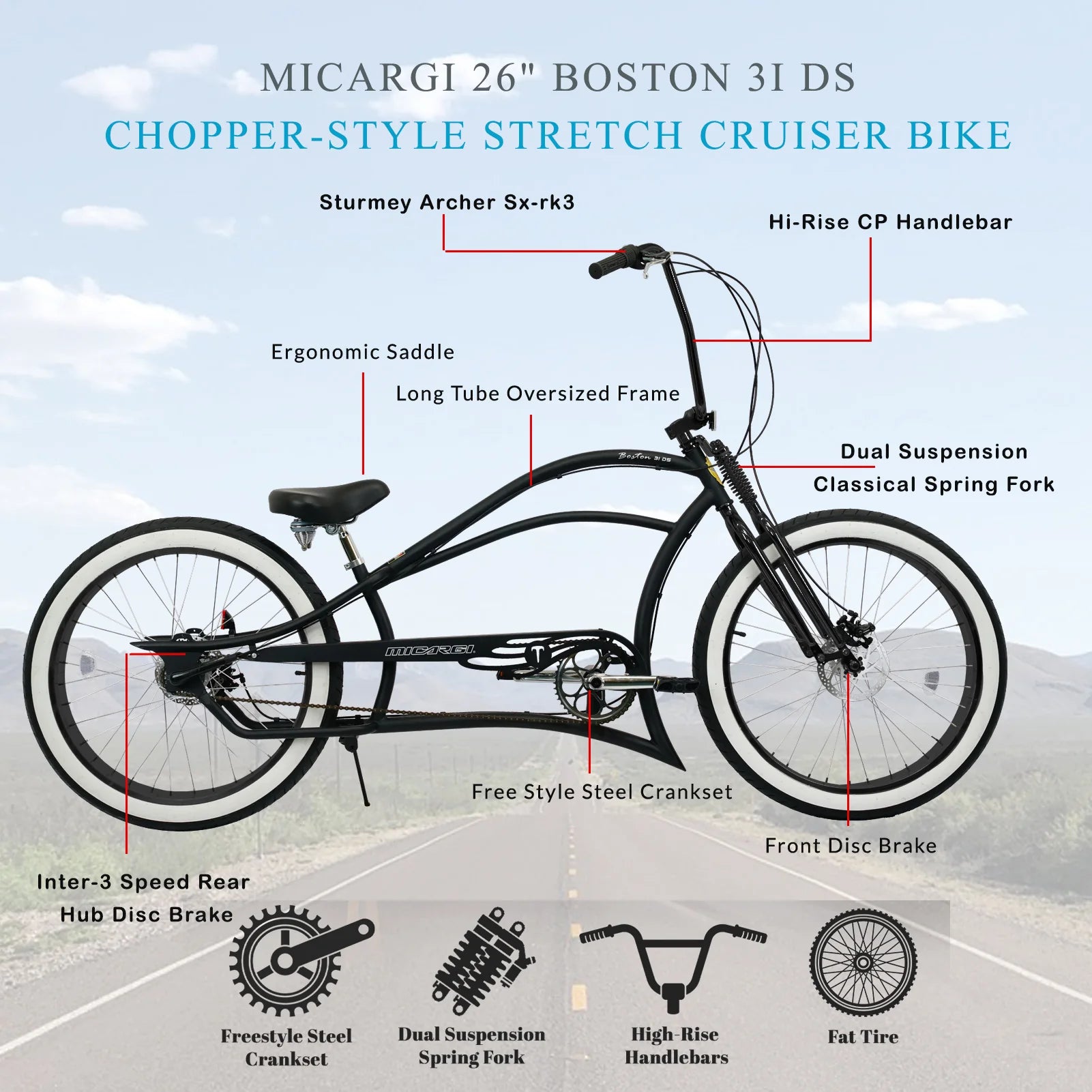 Micargi Boston 3i DS Stretch Cruiser Bicycle 3-Speed - Energize Trek