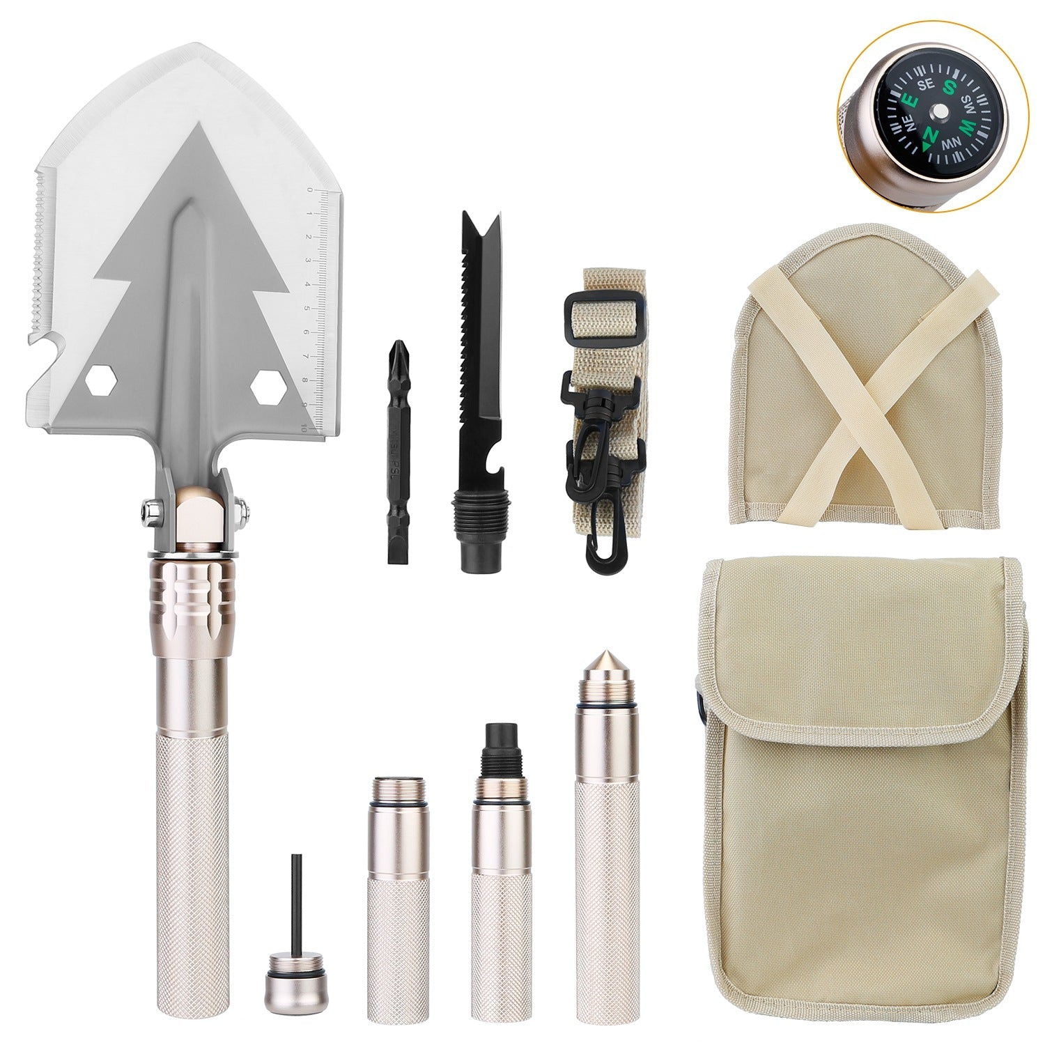 Military Folding Shovel Multifunctional Survival Emergency Spade Tactical Multi Tool For Outdoor Camping Hiking Backpacking w/ Compass - Energize Trek