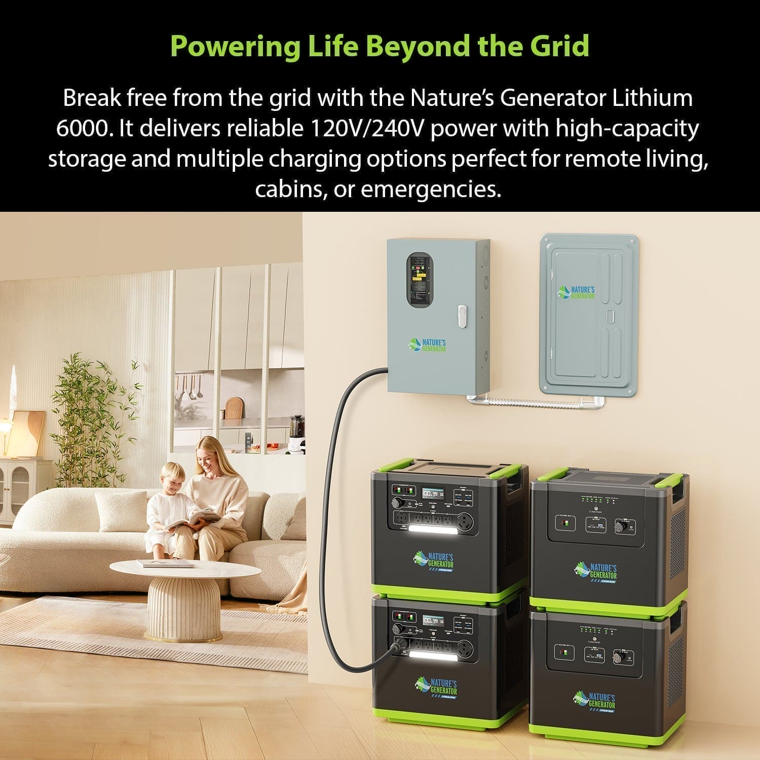 Nature's Generator Lithium 6000 and Transfer Switch - Energize Trek