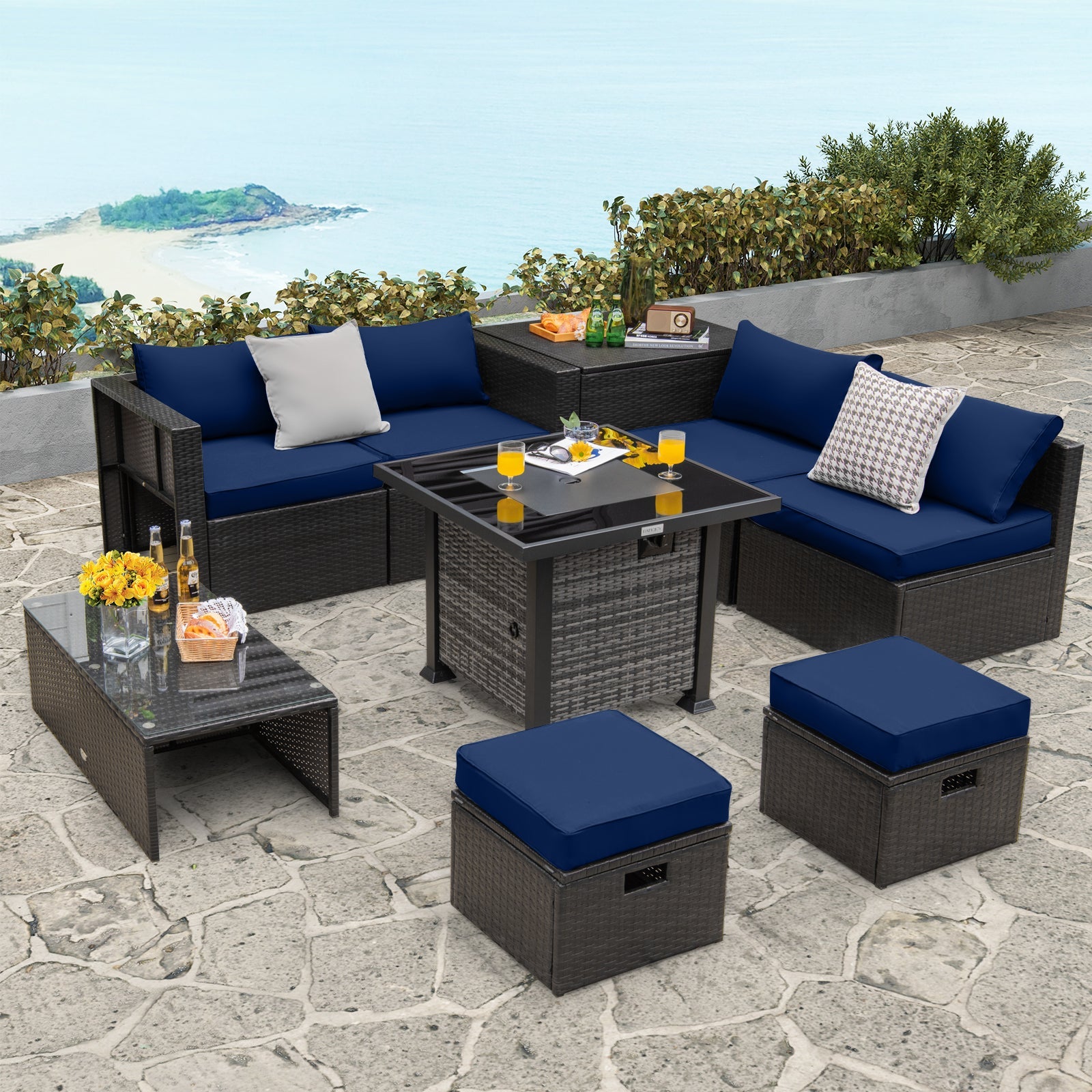 Outdoor 9 Pieces Patio Furniture Set with 50 000 BTU Propane Fire Pit Table-Navy - Energize Trek
