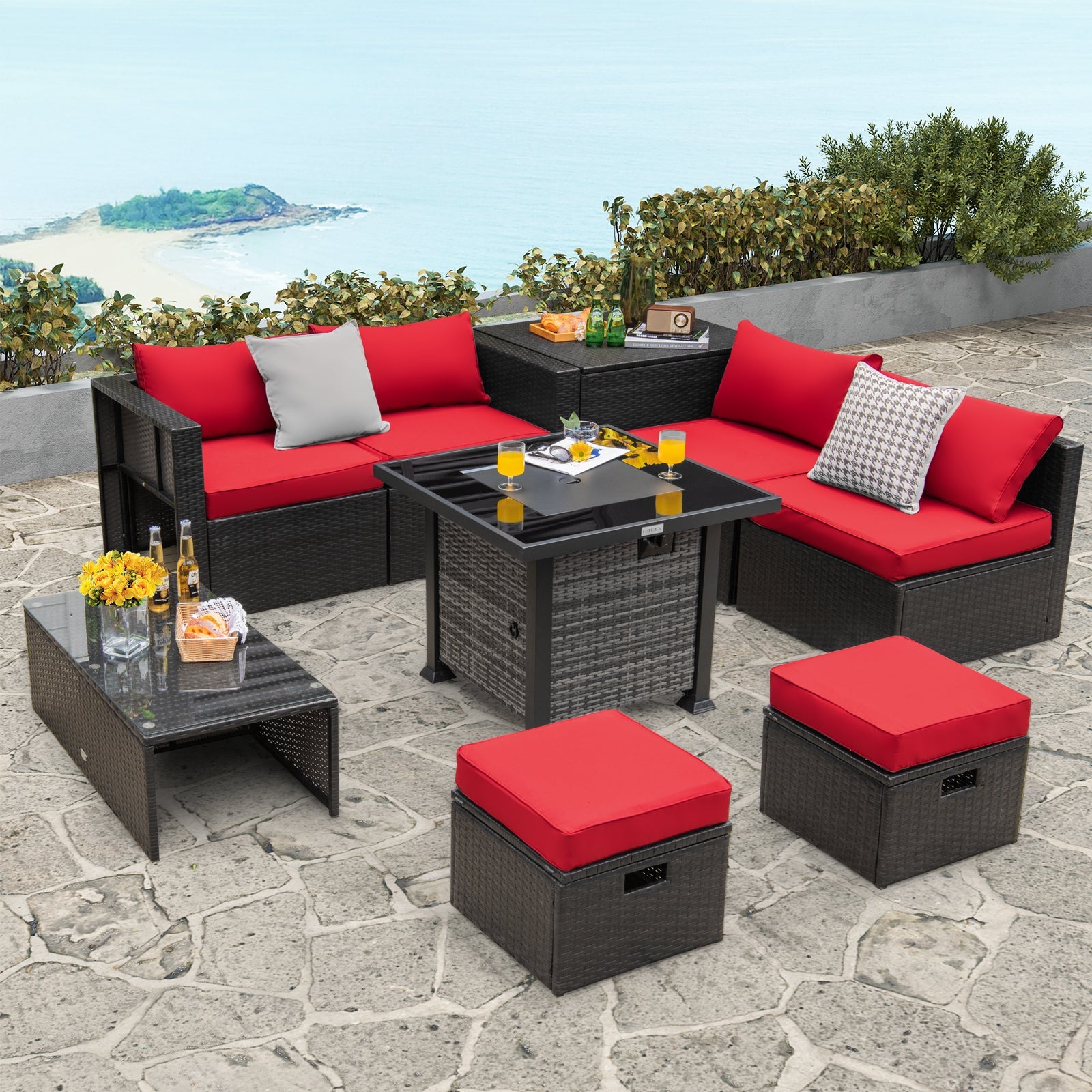 Outdoor 9 Pieces Patio Furniture Set with 50 000 BTU Propane Fire Pit Table-Red - Energize Trek