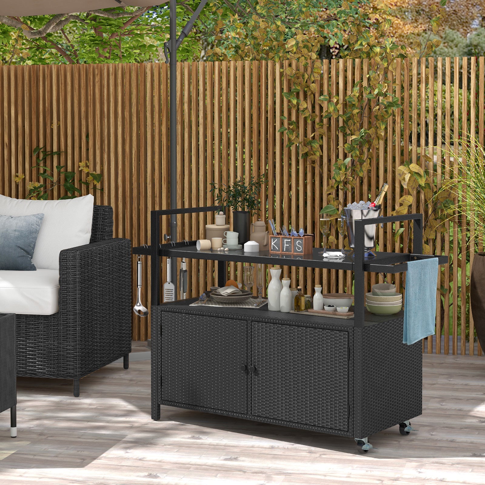 Outdoor Bar Cart Wicker Buffet Serving Cart with Cabinet and 8 Hooks - Energize Trek