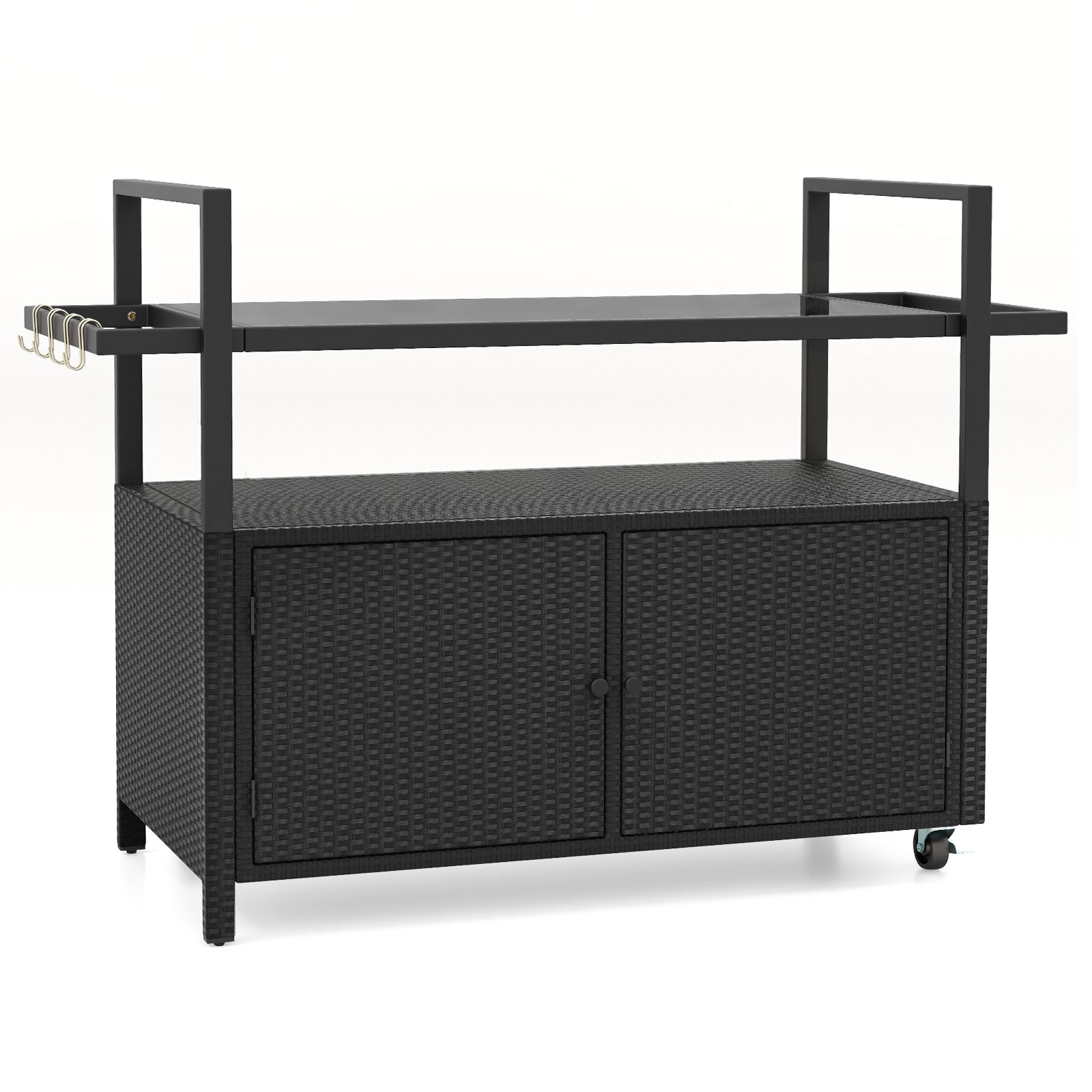 Outdoor Bar Cart Wicker Buffet Serving Cart with Cabinet and 8 Hooks - Energize Trek