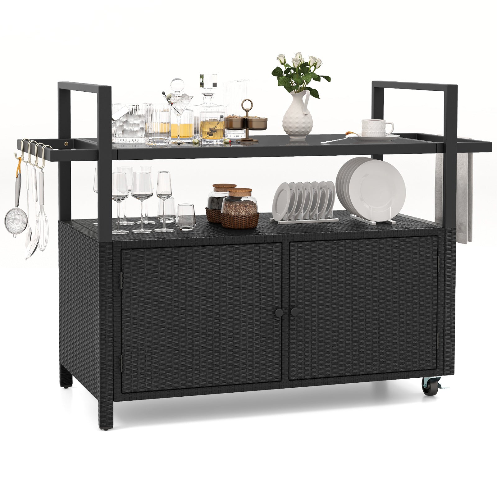 Outdoor Bar Cart Wicker Buffet Serving Cart with Cabinet and 8 Hooks - Energize Trek