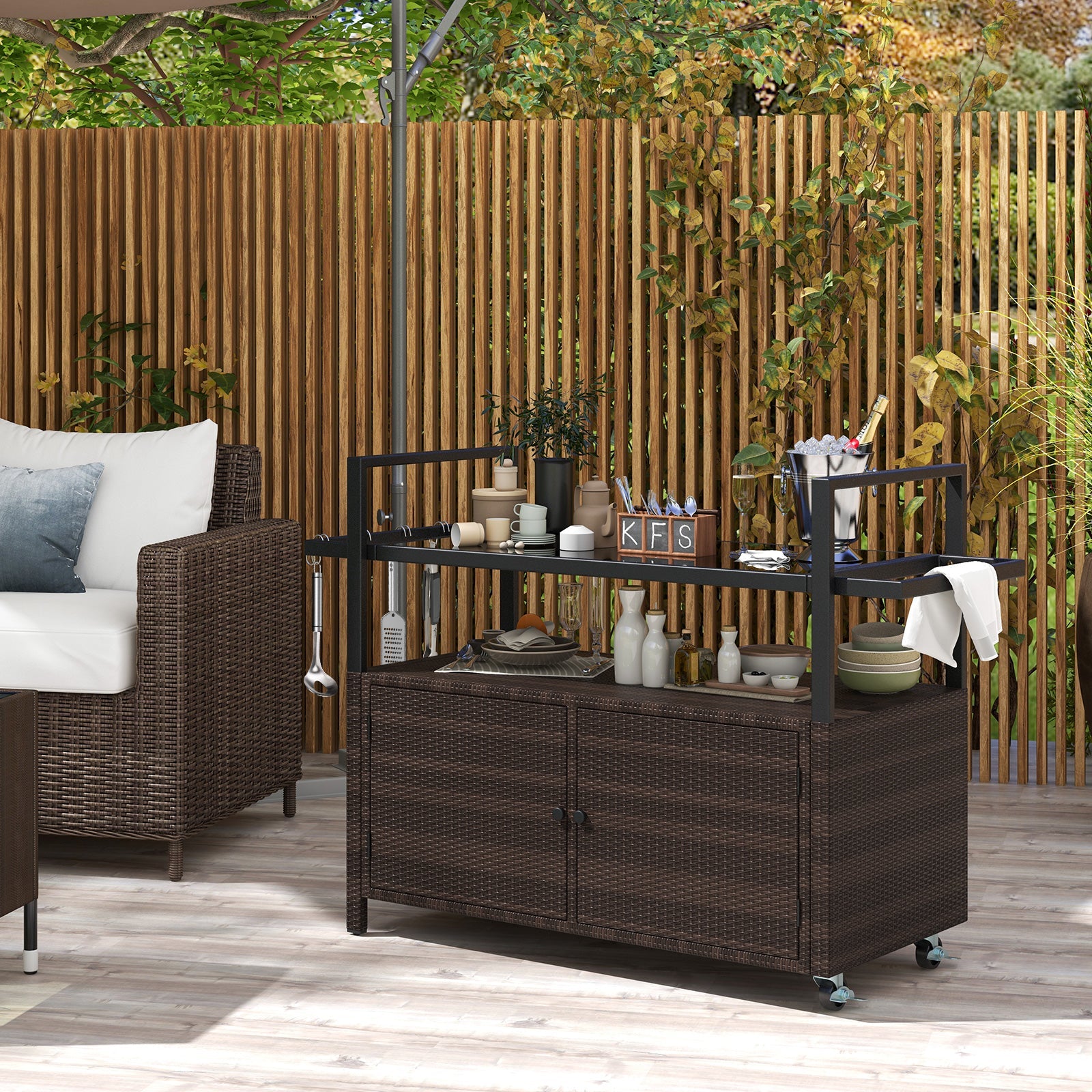 Outdoor Bar Cart Wicker Buffet Serving Cart with Cabinet and 8 Hooks - Energize Trek