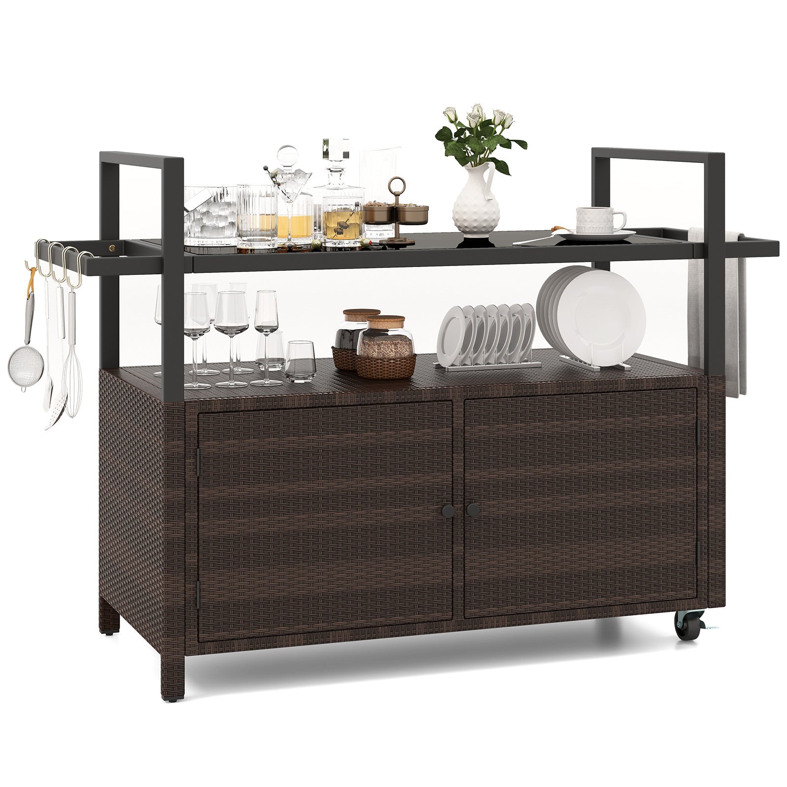Outdoor Bar Cart Wicker Buffet Serving Cart with Cabinet and 8 Hooks - Energize Trek