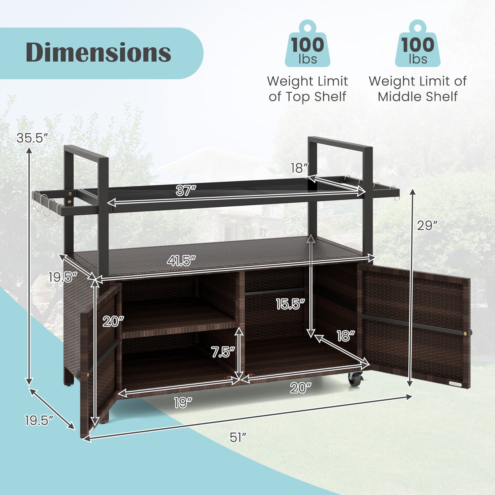 Outdoor Bar Cart Wicker Buffet Serving Cart with Cabinet and 8 Hooks - Energize Trek