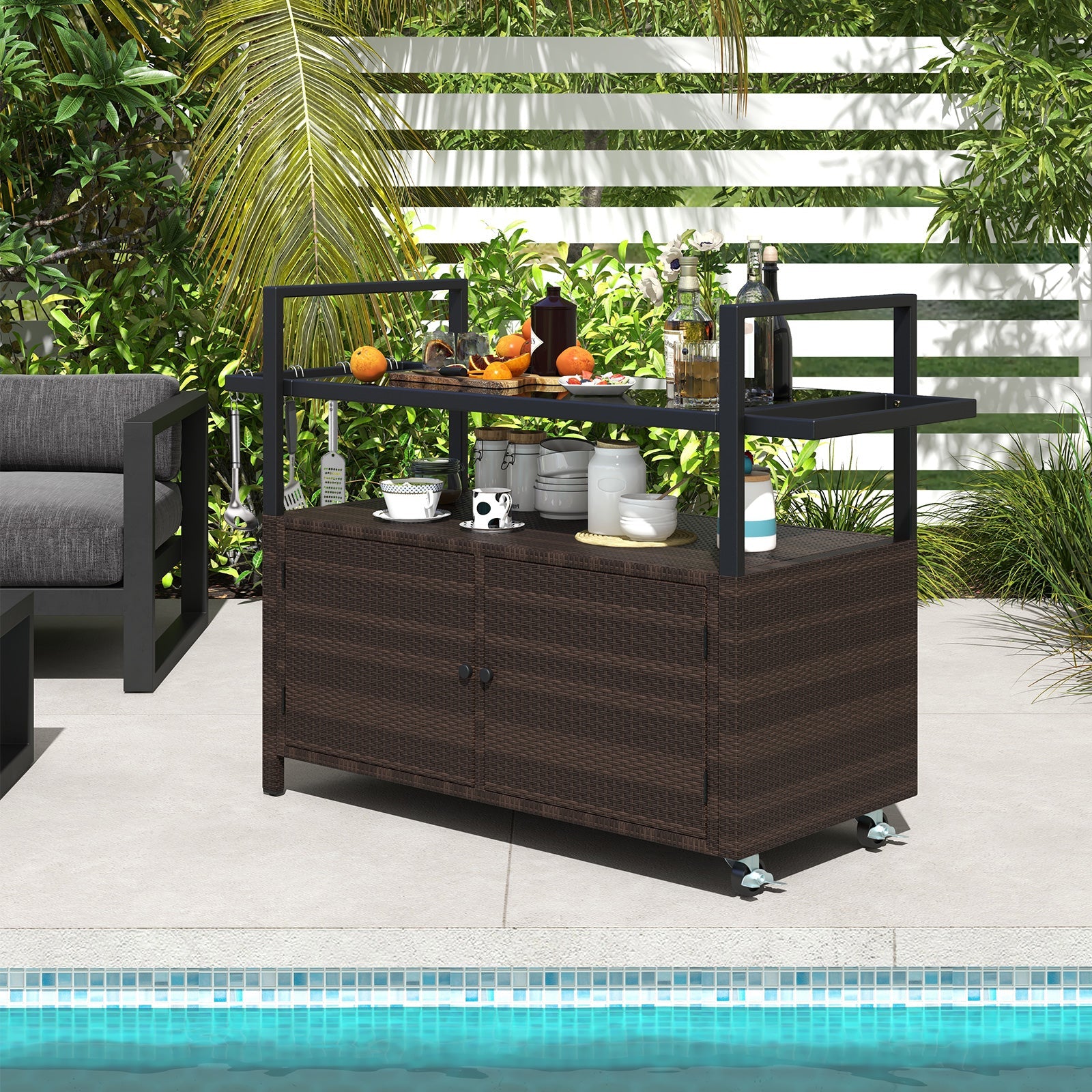 Outdoor Bar Cart Wicker Buffet Serving Cart with Cabinet and 8 Hooks - Energize Trek