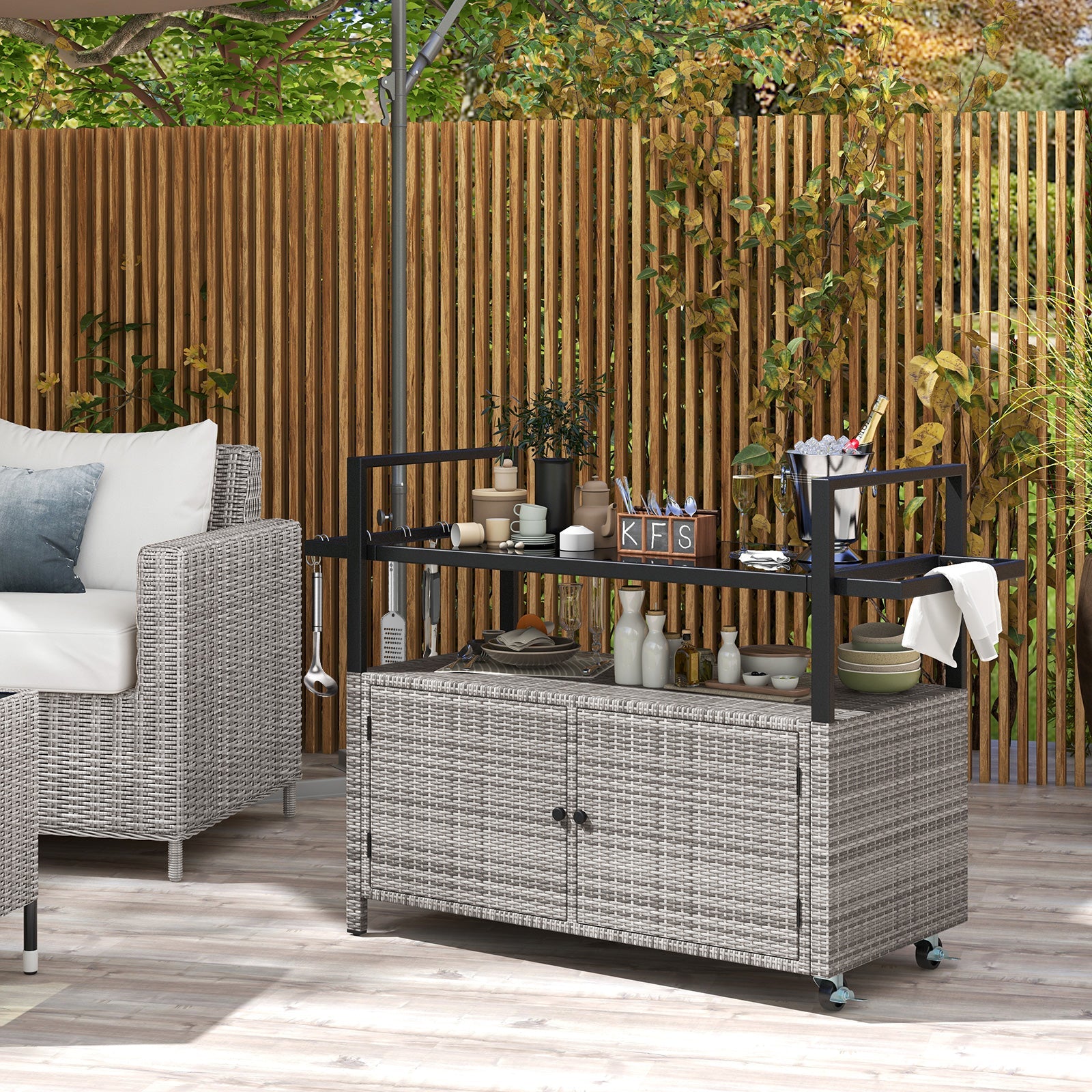 Outdoor Bar Cart Wicker Buffet Serving Cart with Cabinet and 8 Hooks - Energize Trek