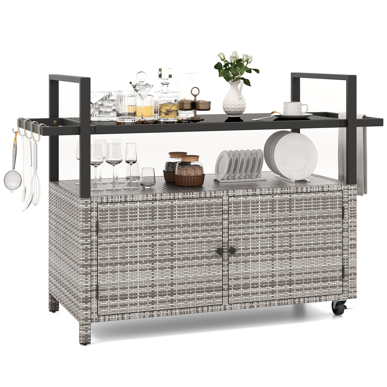 Outdoor Bar Cart Wicker Buffet Serving Cart with Cabinet and 8 Hooks - Energize Trek