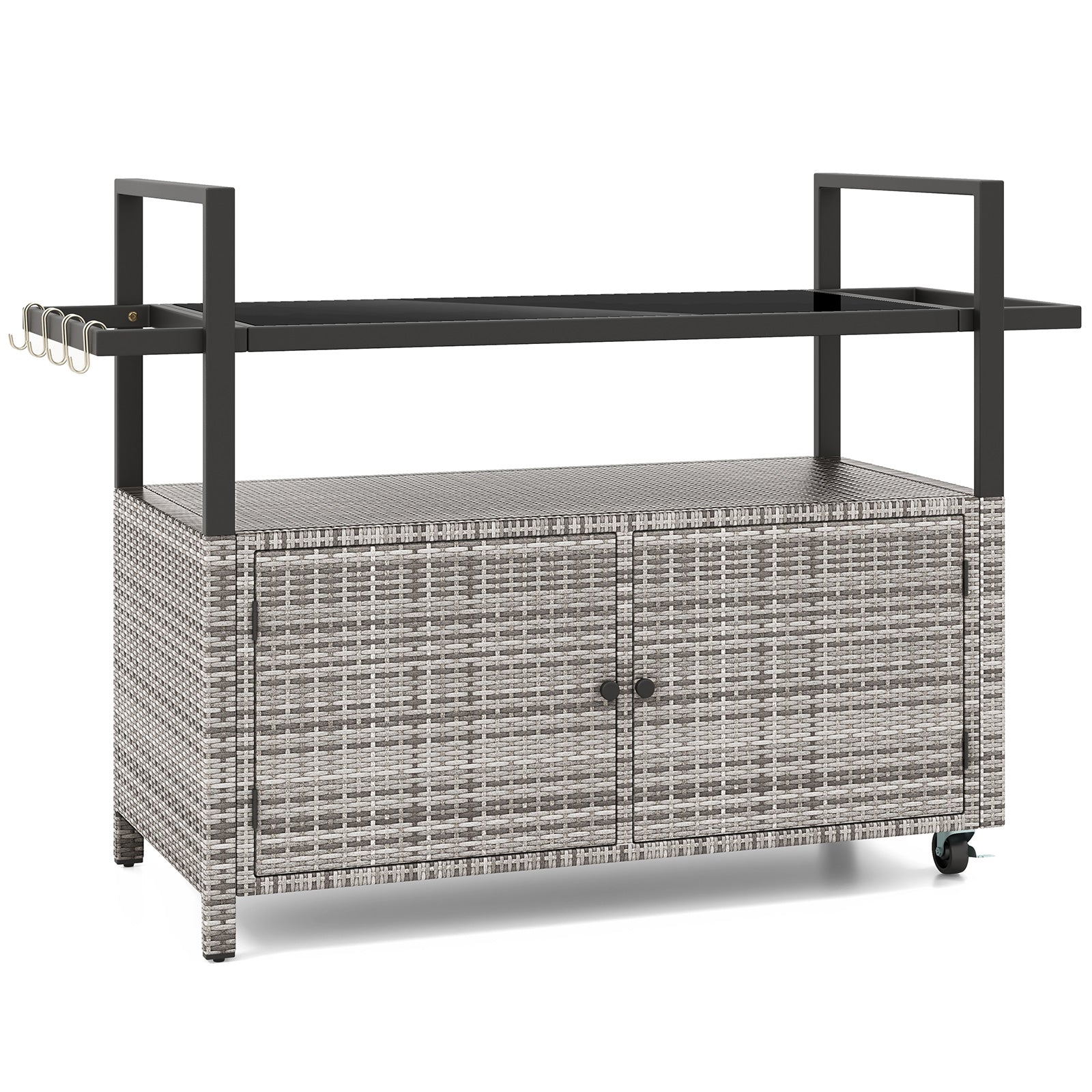 Outdoor Bar Cart Wicker Buffet Serving Cart with Cabinet and 8 Hooks - Energize Trek