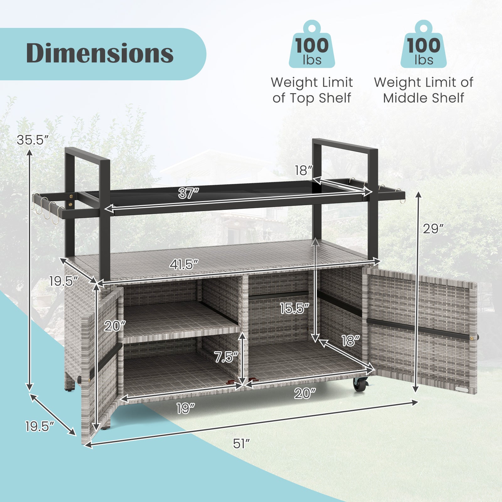 Outdoor Bar Cart Wicker Buffet Serving Cart with Cabinet and 8 Hooks - Energize Trek
