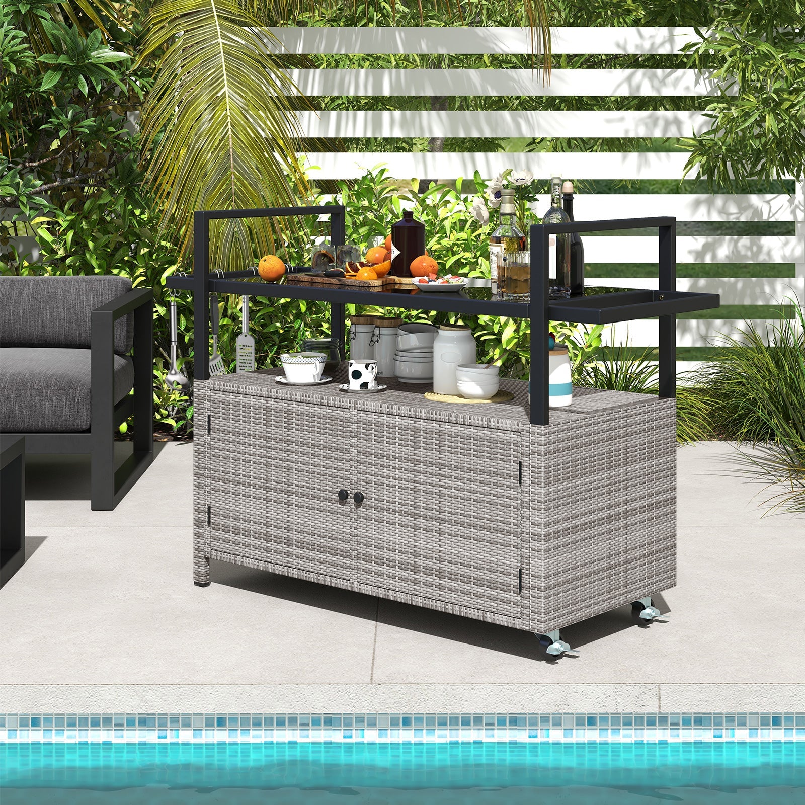 Outdoor Bar Cart Wicker Buffet Serving Cart with Cabinet and 8 Hooks - Energize Trek