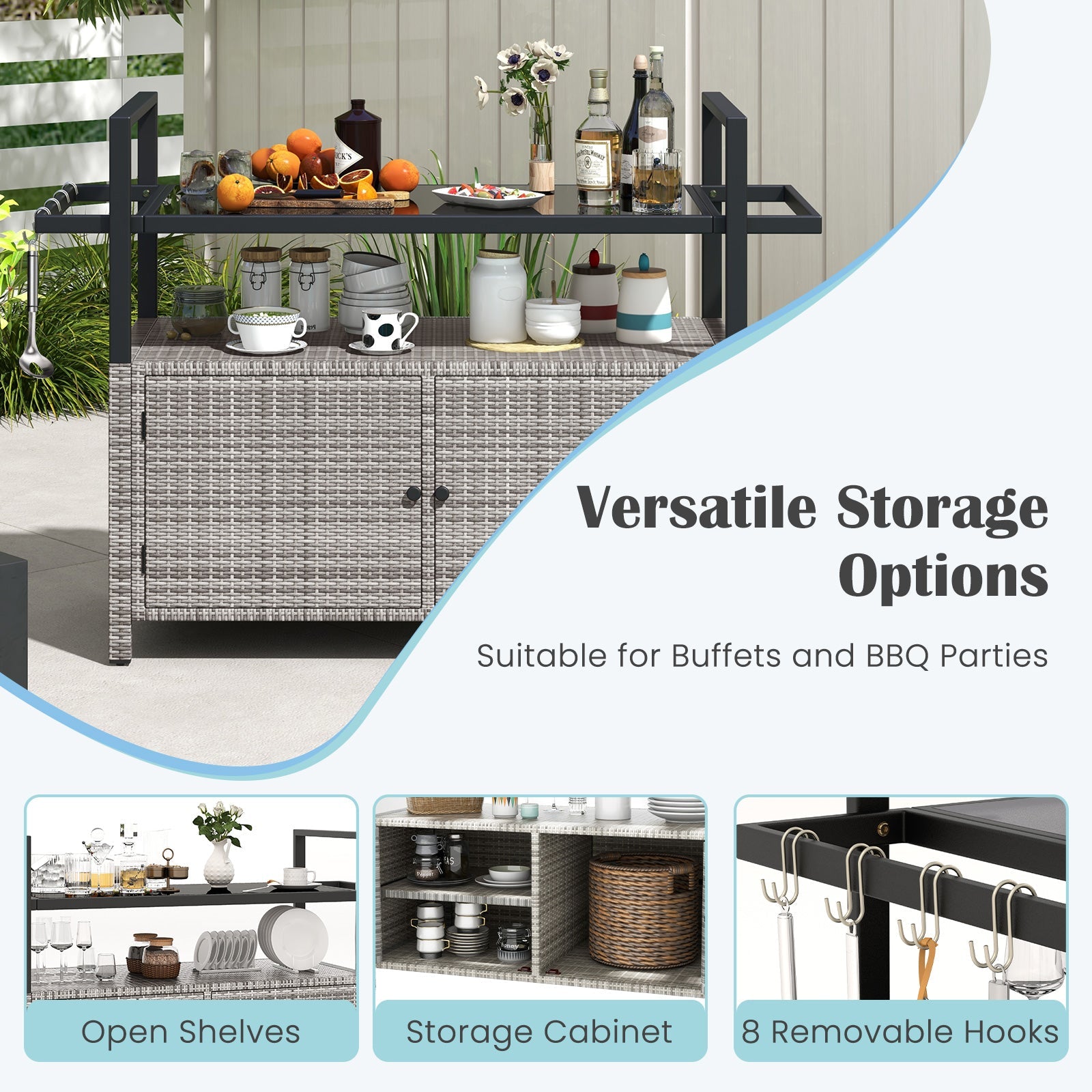 Outdoor Bar Cart Wicker Buffet Serving Cart with Cabinet and 8 Hooks - Energize Trek