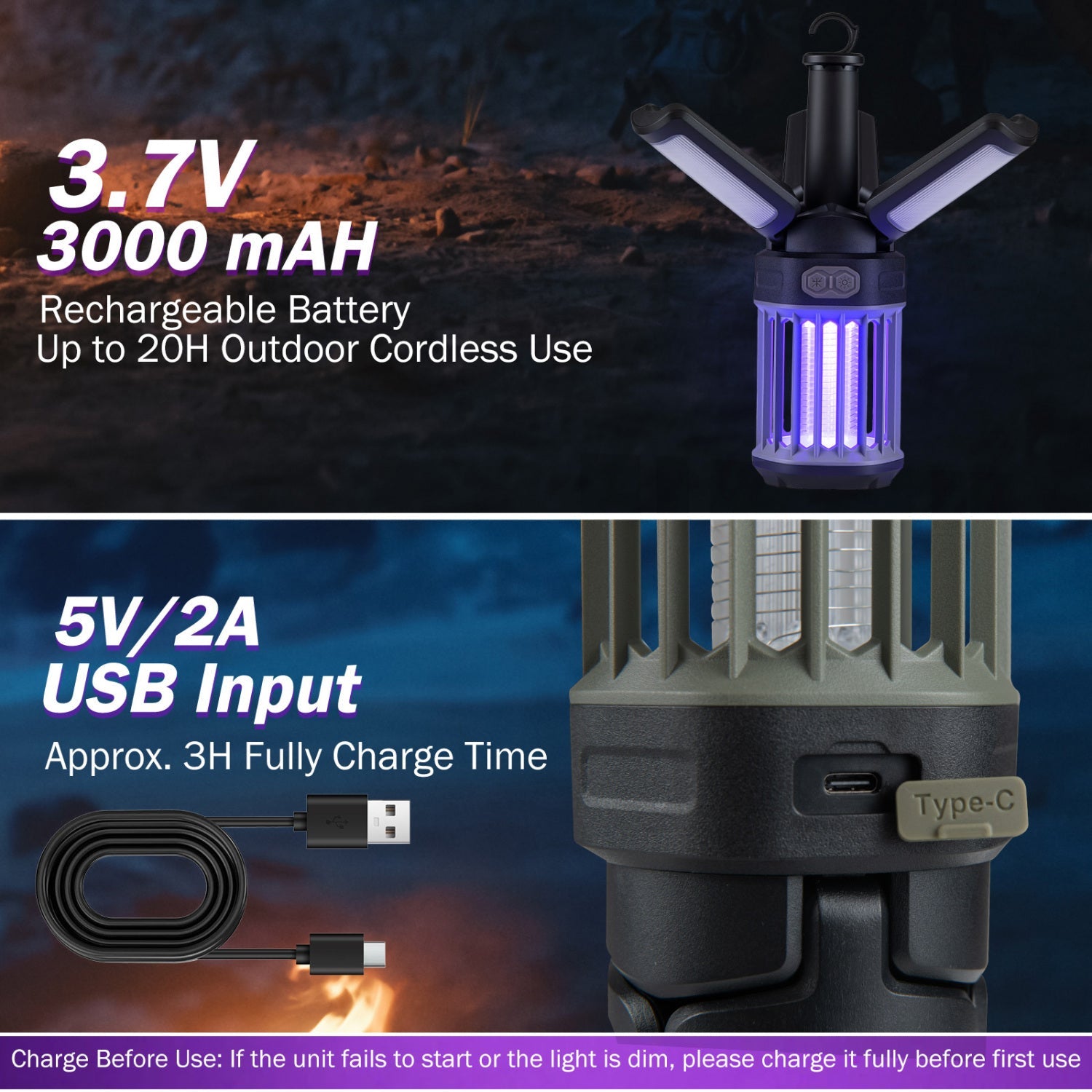 Outdoor Bug Zapper with Foldable Camping Lantern USB-C Rechargeable Electric Mosquito Killer - Energize Trek