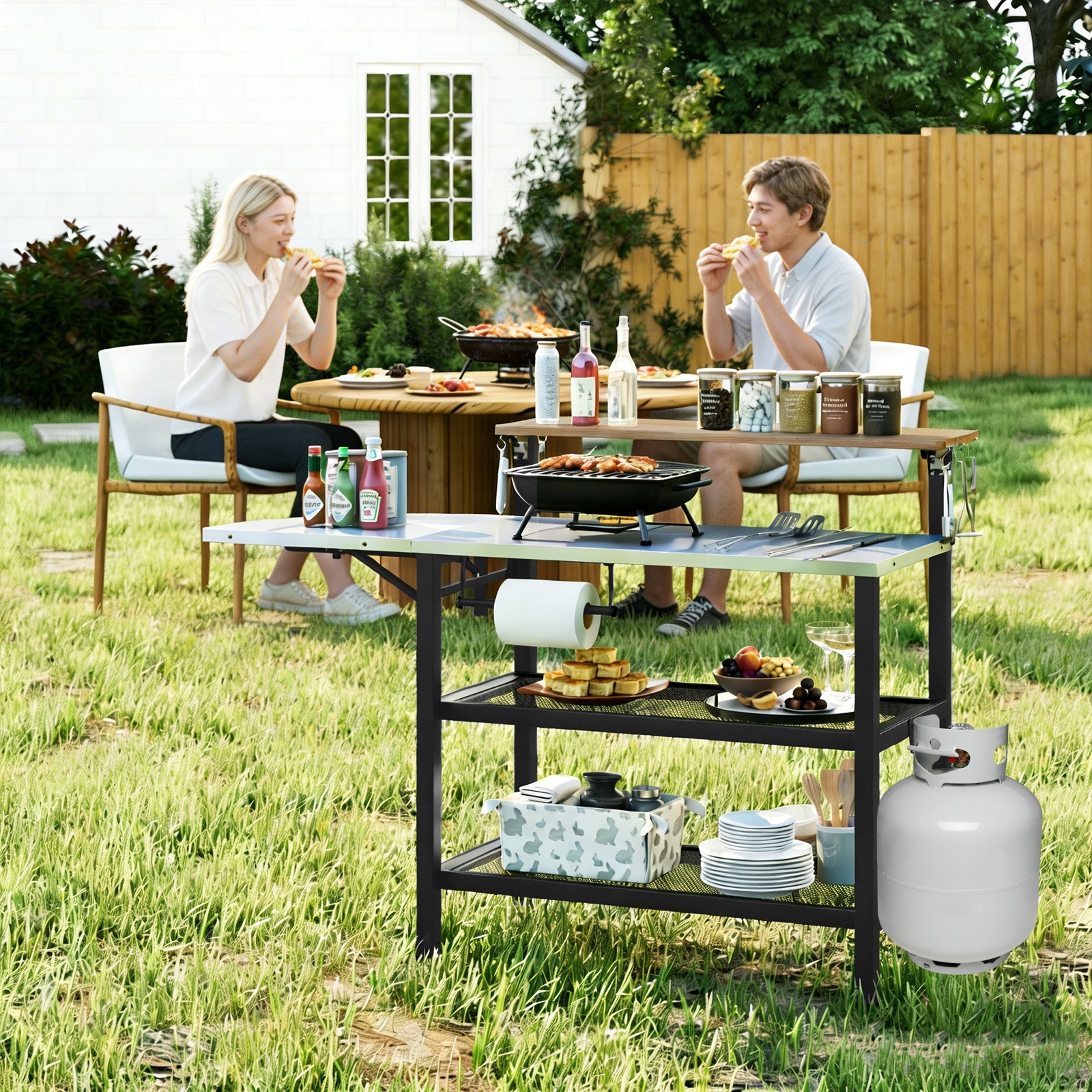 Outdoor Foldable Grill Table with Flip-Up Top and 2 Storage Shelves for Backyard Garden - Energize Trek