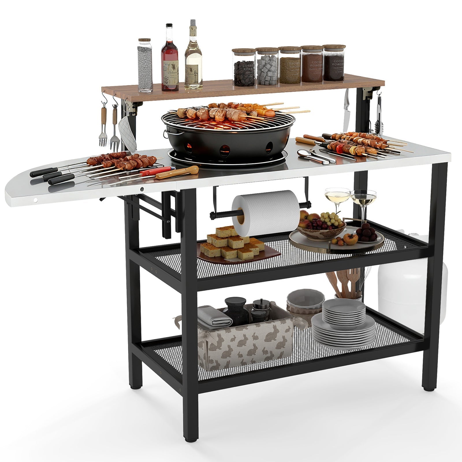 Outdoor Foldable Grill Table with Flip-Up Top and 2 Storage Shelves for Backyard Garden - Energize Trek