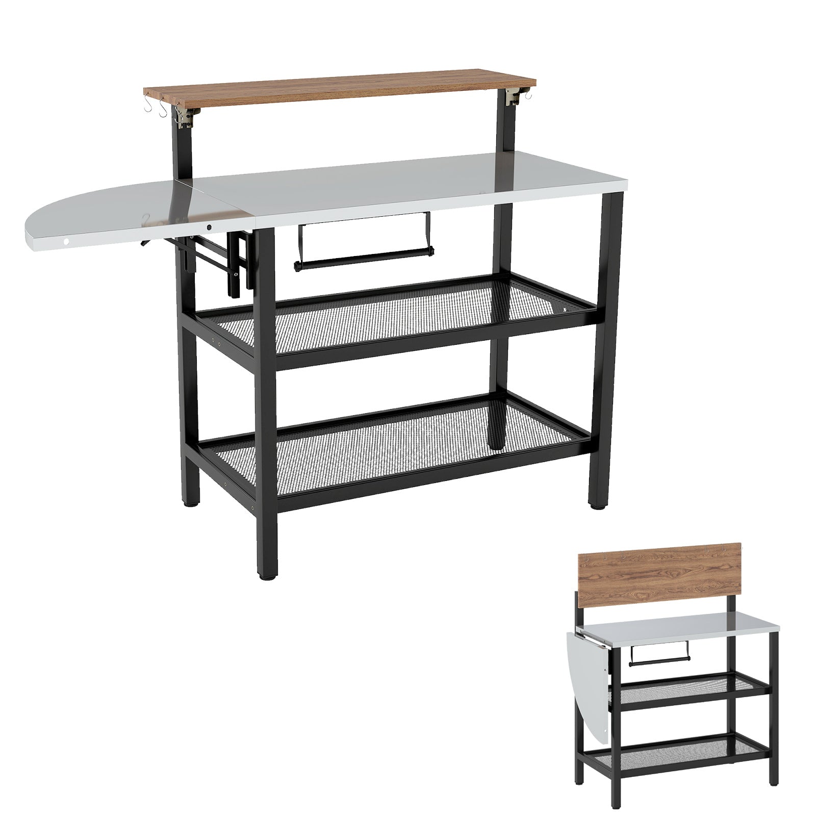 Outdoor Foldable Grill Table with Flip-Up Top and 2 Storage Shelves for Backyard Garden - Energize Trek