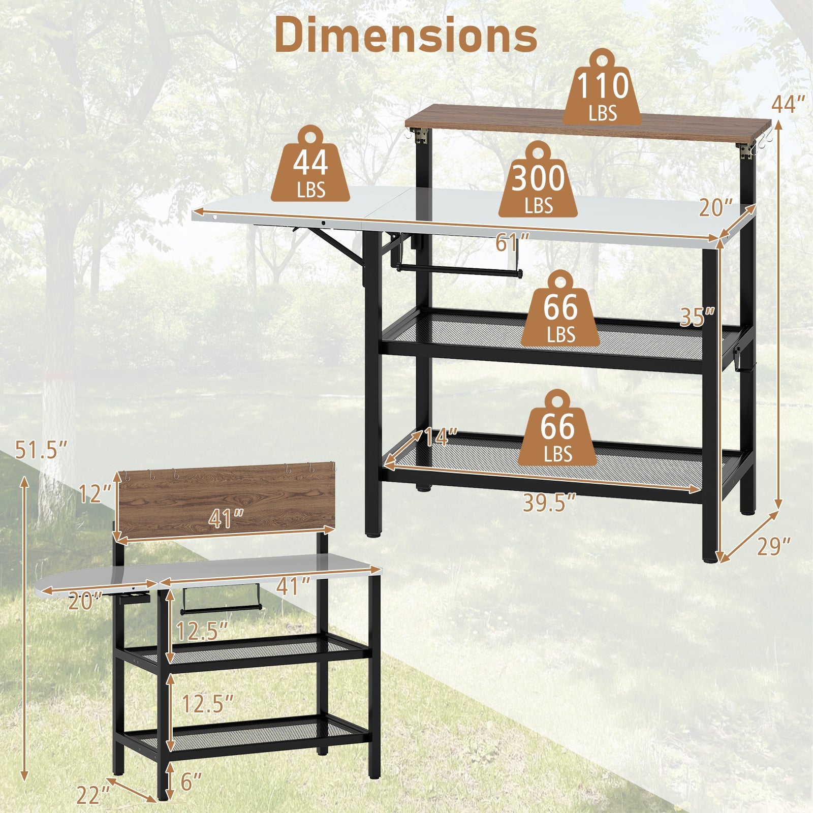 Outdoor Foldable Grill Table with Flip-Up Top and 2 Storage Shelves for Backyard Garden - Energize Trek