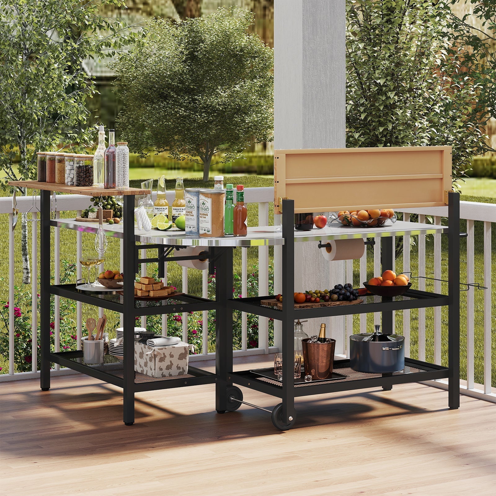 Outdoor Foldable Grill Table with Flip-Up Top and 2 Storage Shelves for Backyard Garden - Energize Trek
