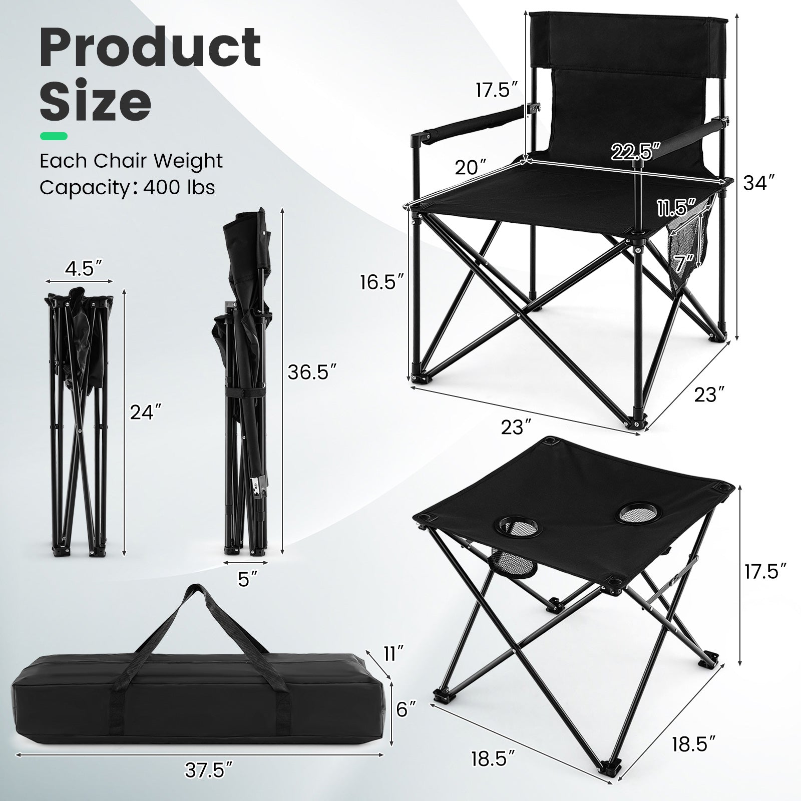 Outdoor Folding Camping Chairs and Table Set with Carrying Bag-Black - Energize Trek