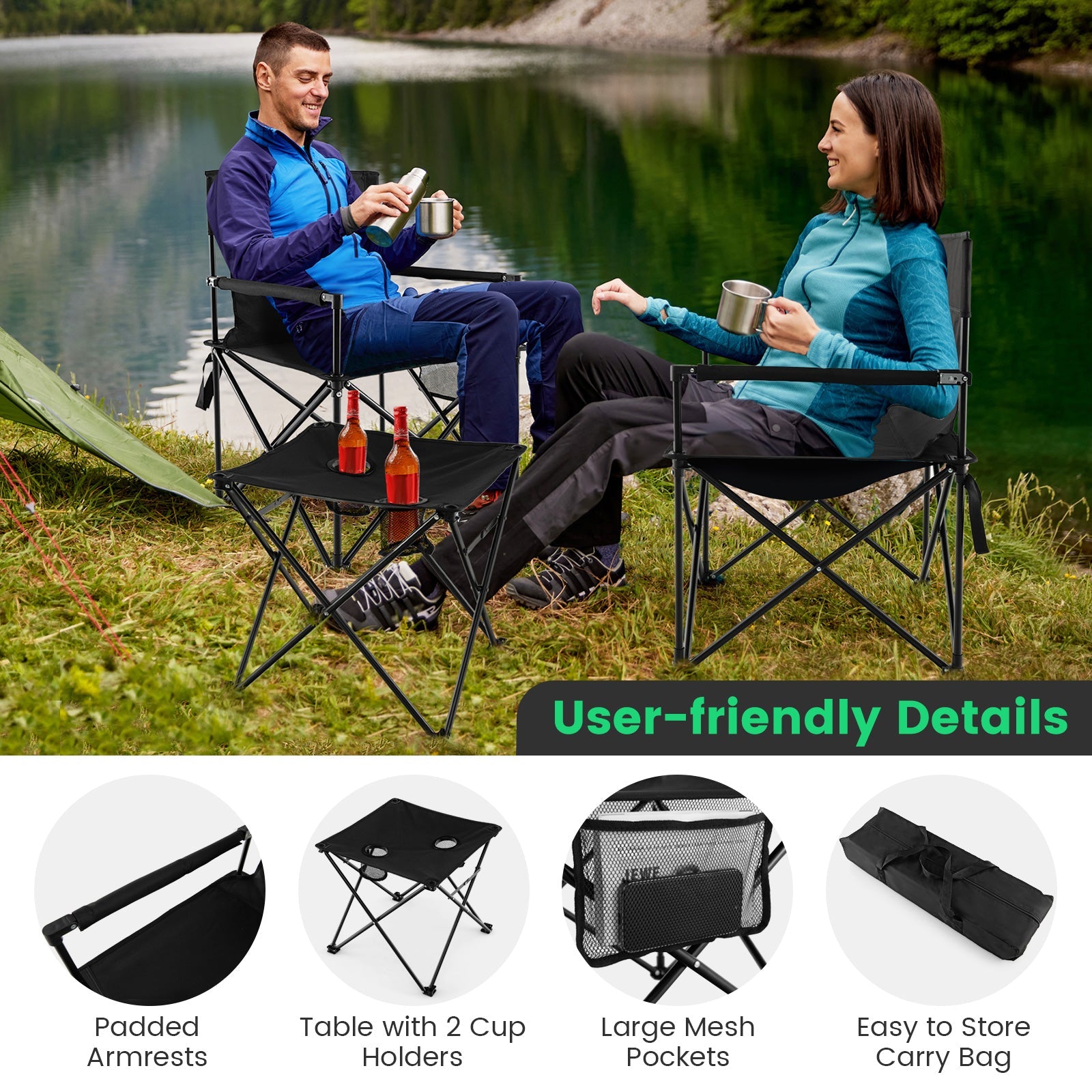 Outdoor Folding Camping Chairs and Table Set with Carrying Bag-Black - Energize Trek