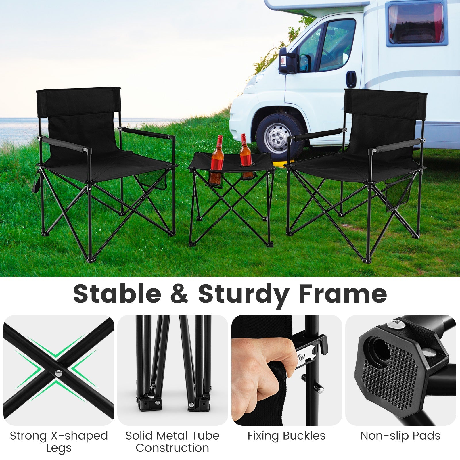 Outdoor Folding Camping Chairs and Table Set with Carrying Bag-Black - Energize Trek