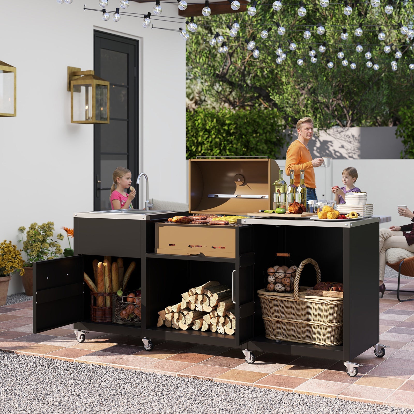 Outdoor Grill Table with Sink and Drainage Heavy Duty Metal Grill Cart-Black - Energize Trek