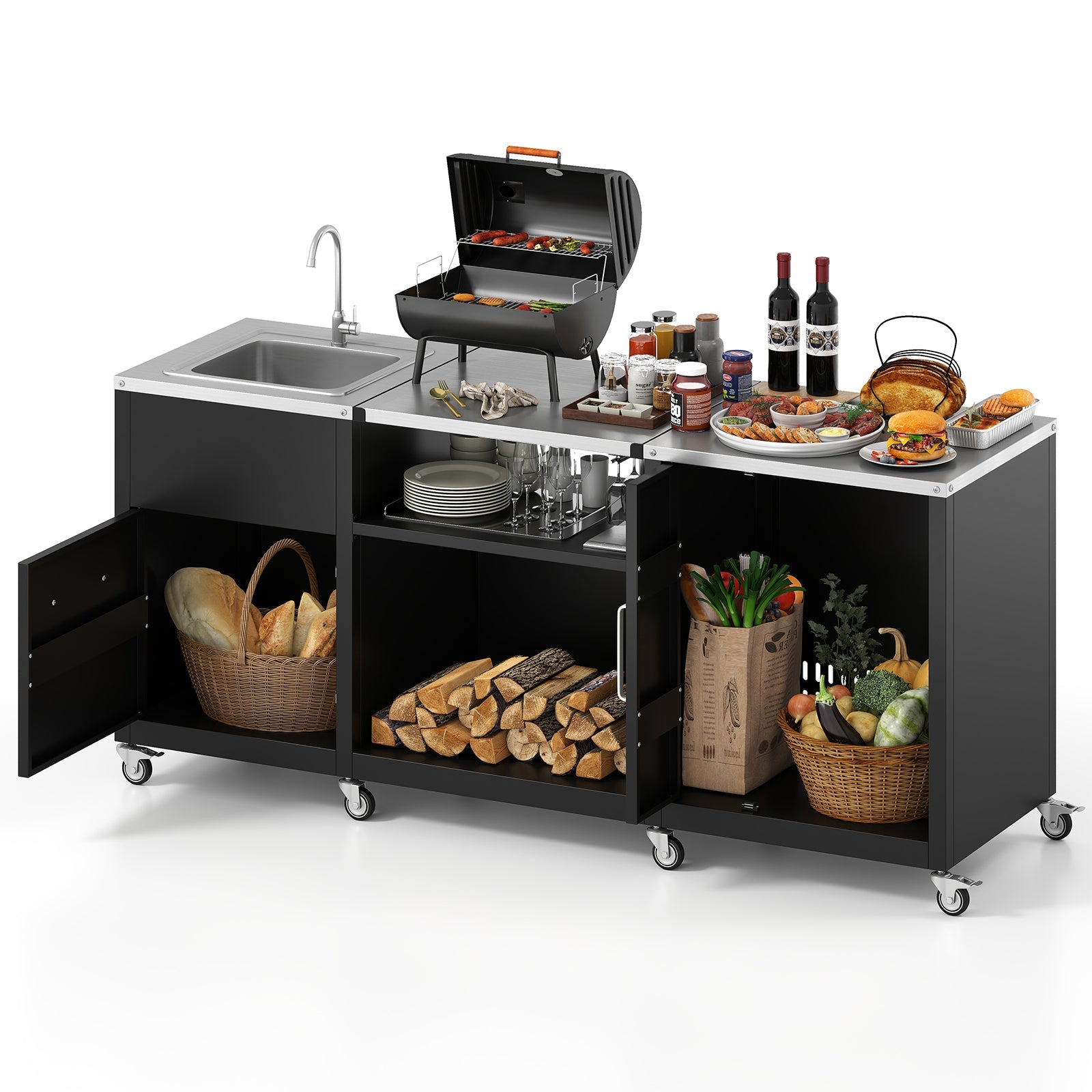 Outdoor Grill Table with Sink and Drainage Heavy Duty Metal Grill Cart-Black - Energize Trek