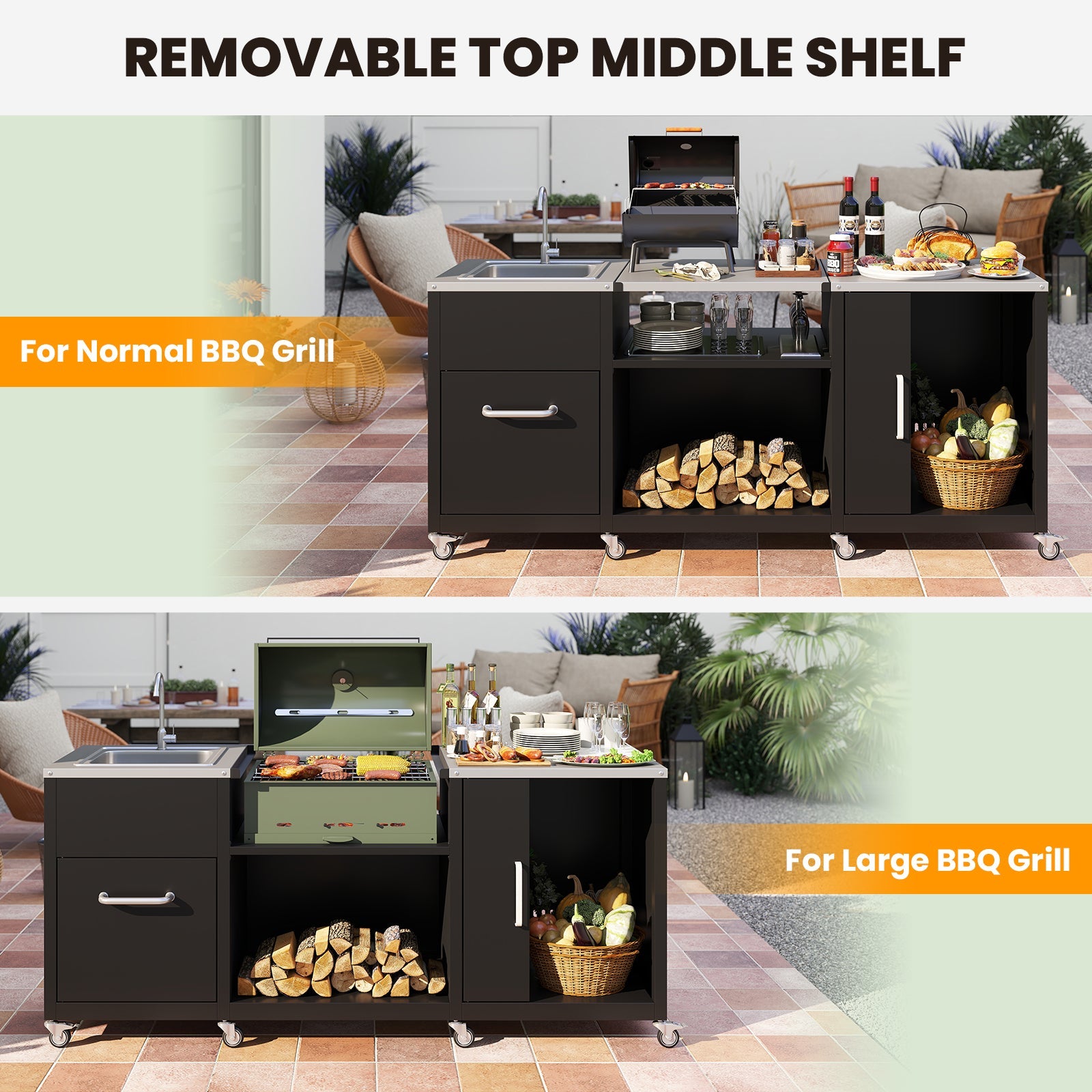 Outdoor Grill Table with Sink and Drainage Heavy Duty Metal Grill Cart-Black - Energize Trek