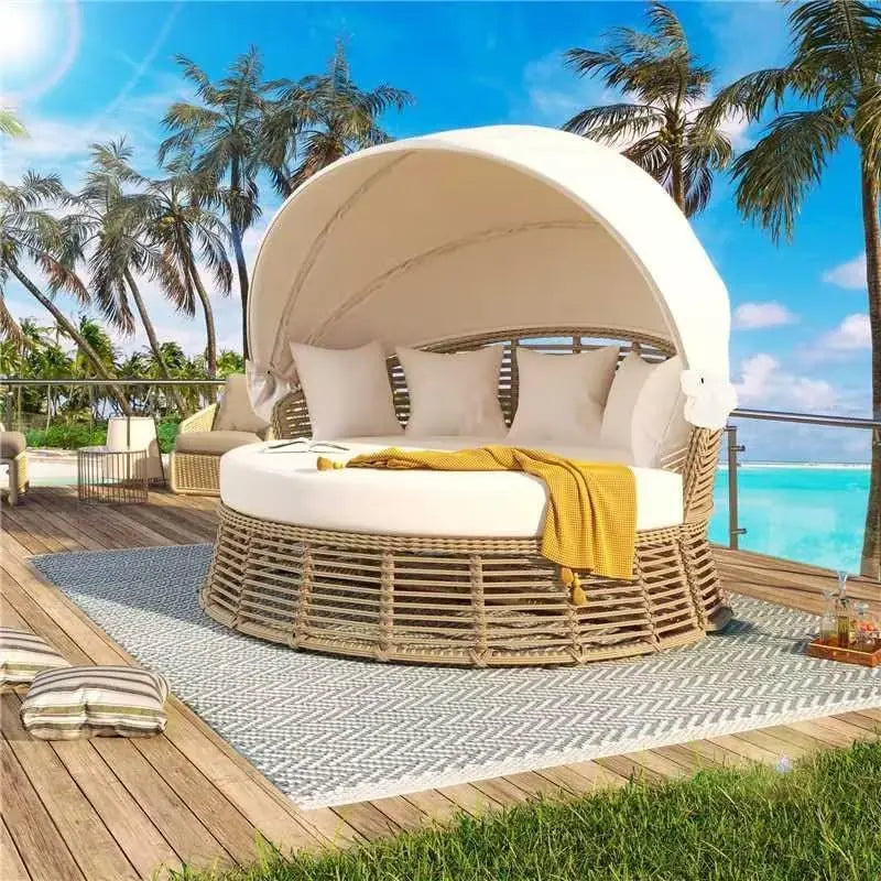 Outdoor Rattan Round Daybed With Retractable Canopy Removable Cushions - Energize Trek