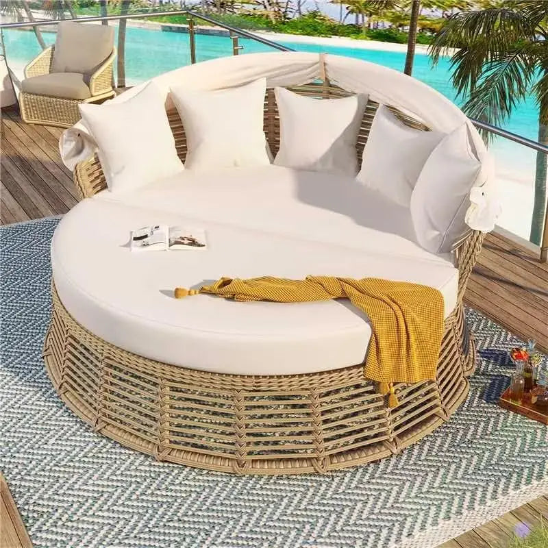 Outdoor Rattan Round Daybed With Retractable Canopy Removable Cushions - Energize Trek