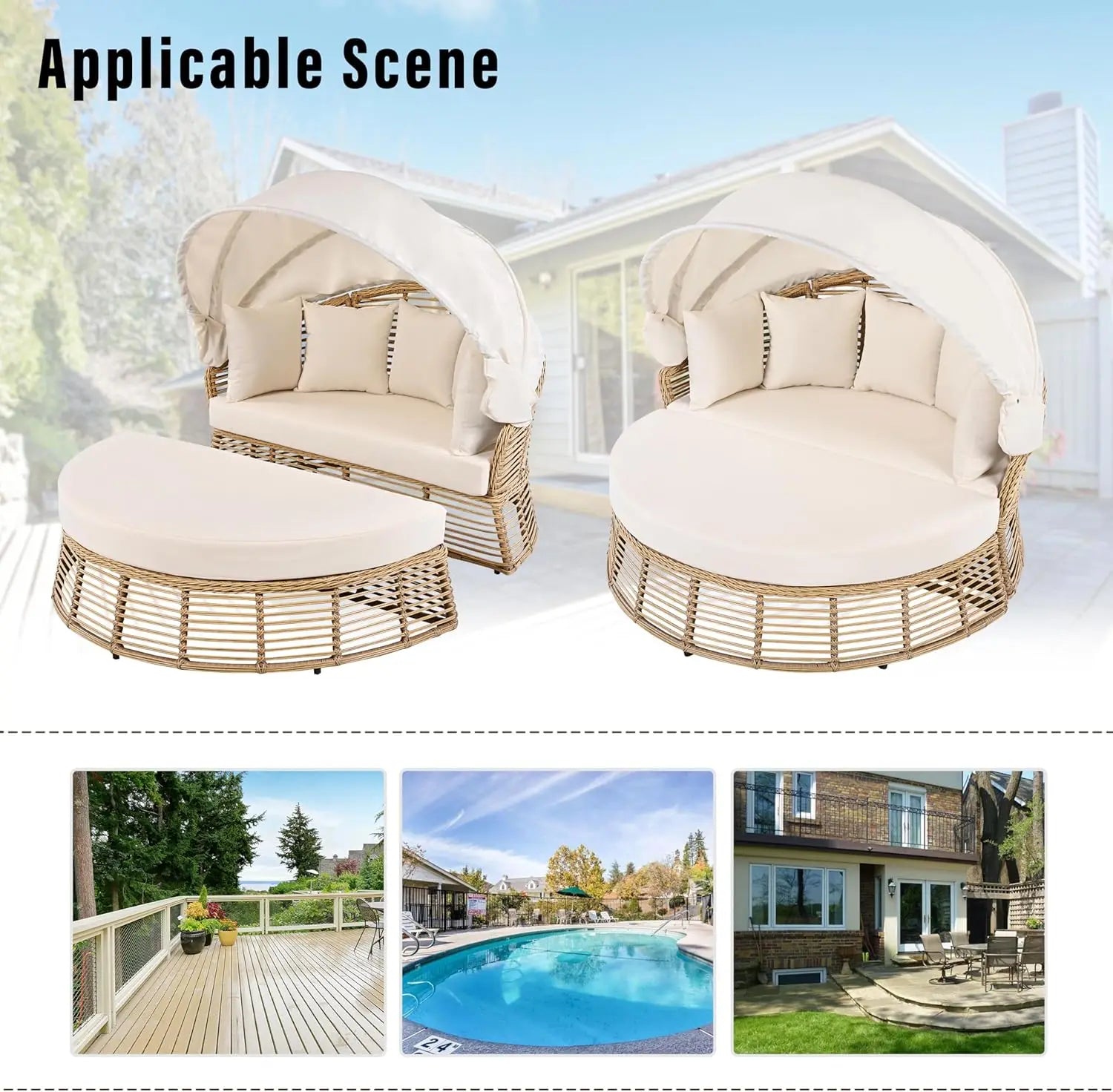 Outdoor Rattan Round Daybed With Retractable Canopy Removable Cushions - Energize Trek