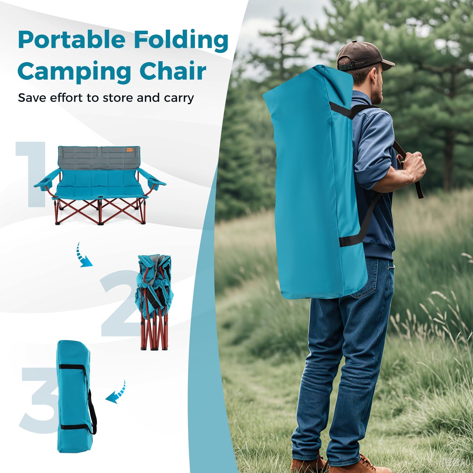 Oversized Camping Chair Folding Loveseat Camping Couch with Cup Holders & Thick Padding - Energize Trek