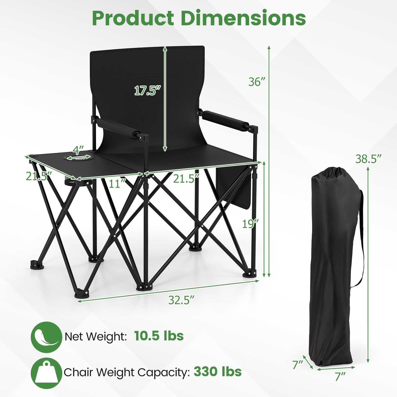 Oversized Camping Chair with Side Table and 2 Storage Pockets - Energize Trek
