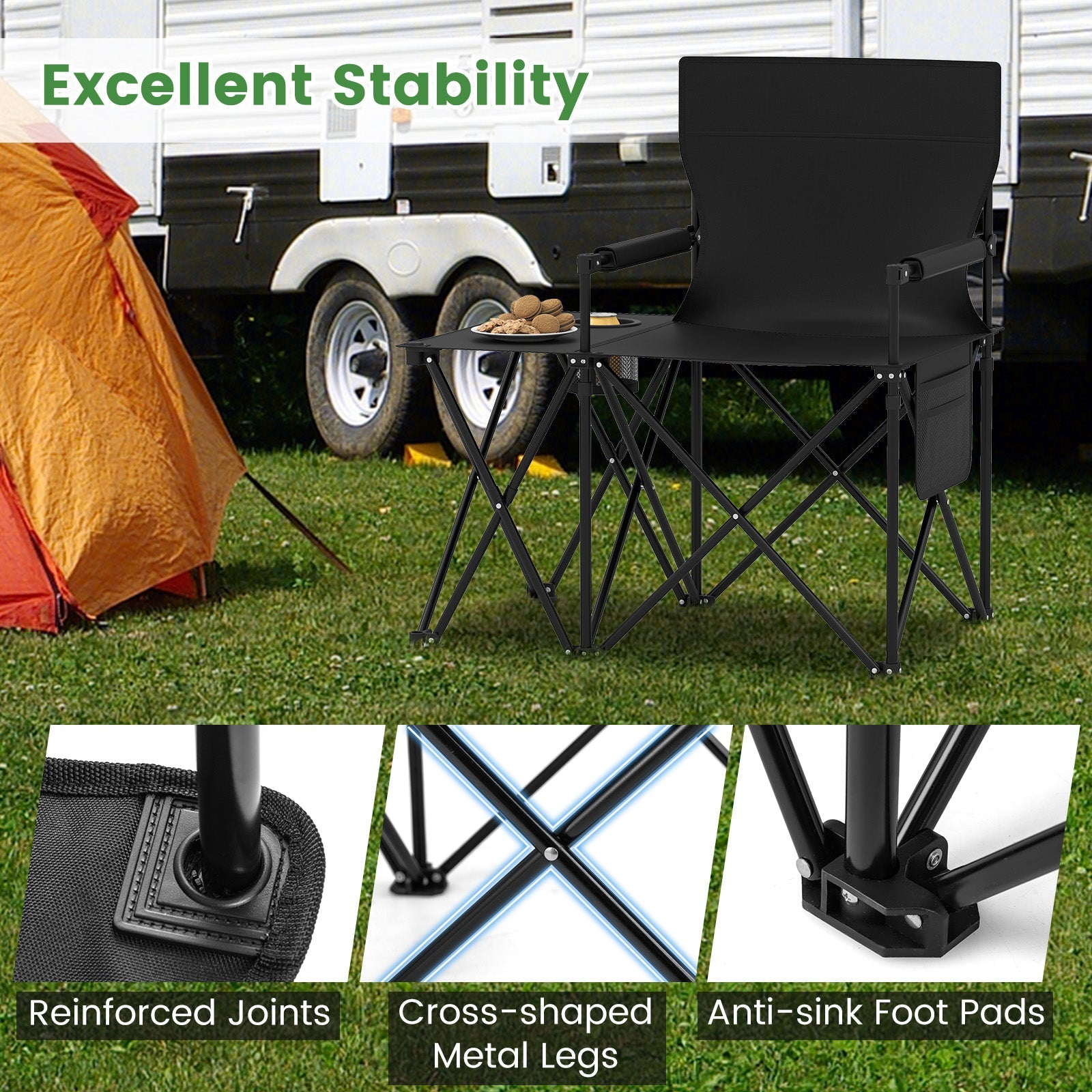Oversized Camping Chair with Side Table and 2 Storage Pockets - Energize Trek