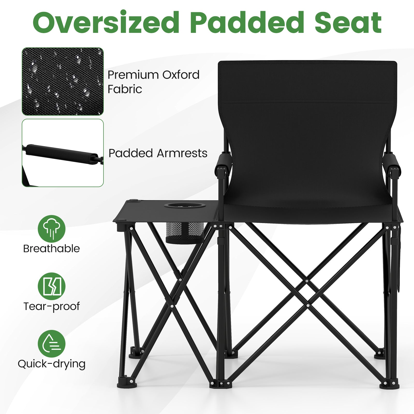 Oversized Camping Chair with Side Table and 2 Storage Pockets - Energize Trek