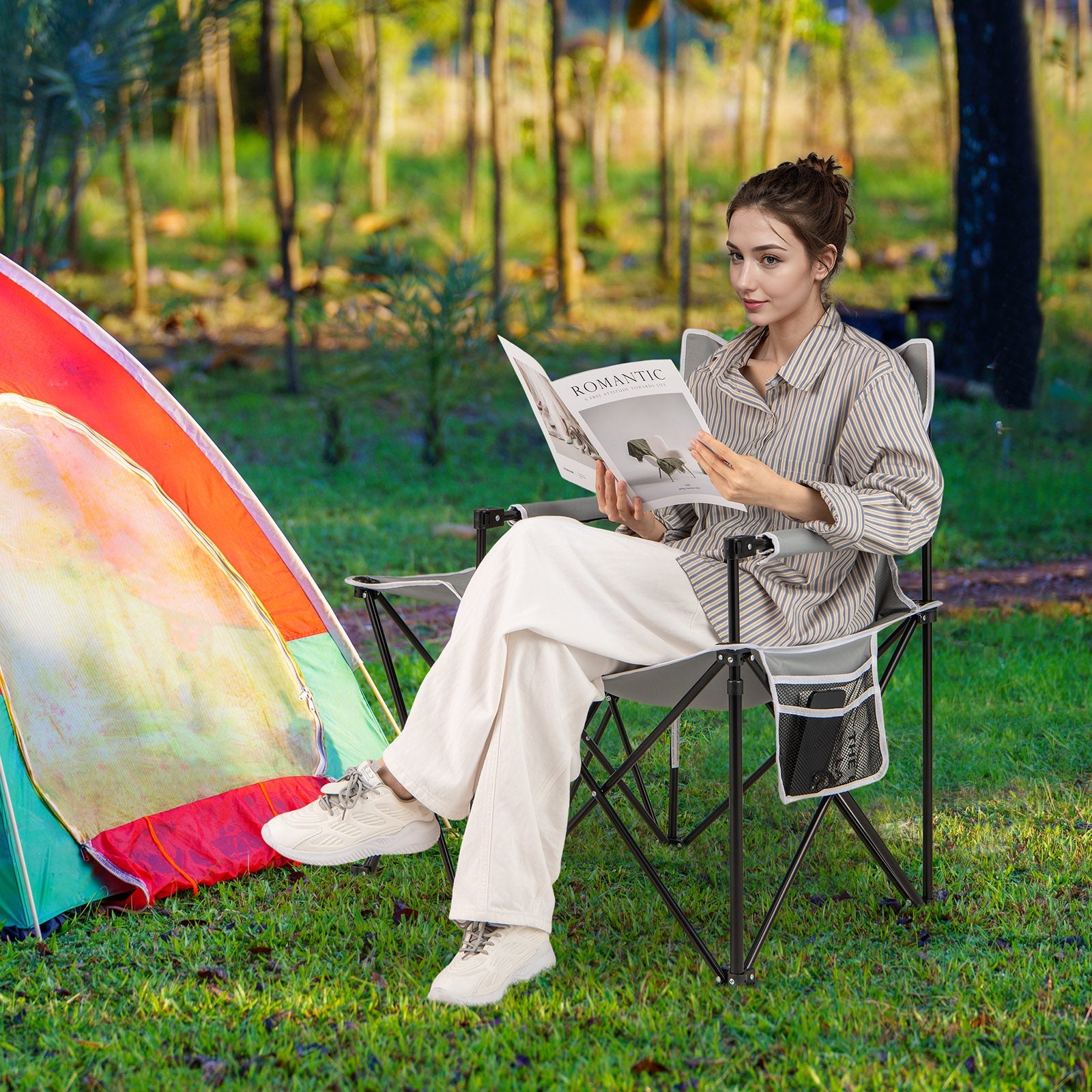 Oversized Camping Chair with Side Table and 2 Storage Pockets - Energize Trek