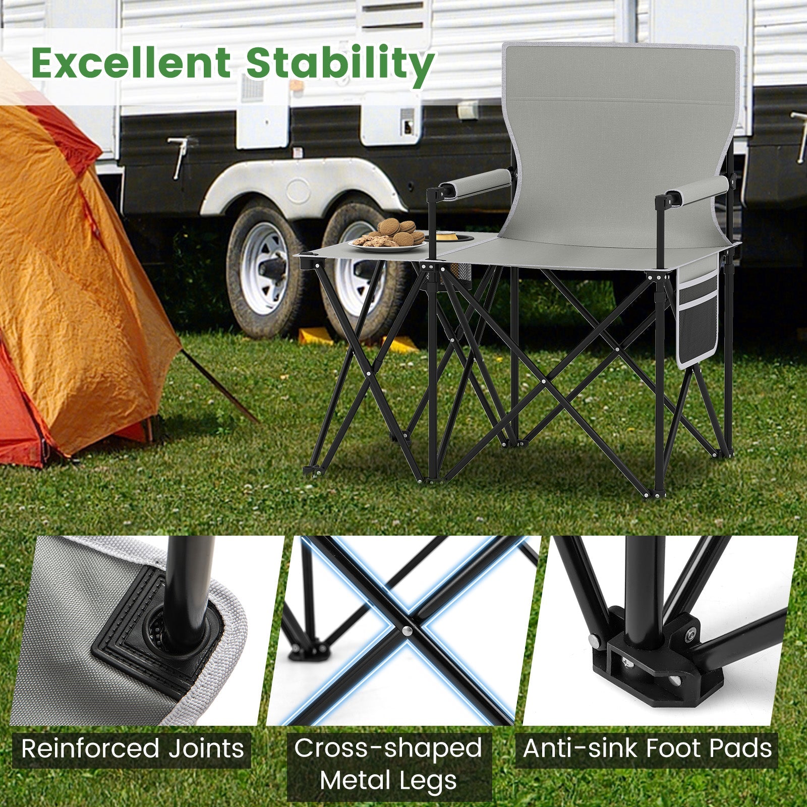Oversized Camping Chair with Side Table and 2 Storage Pockets - Energize Trek