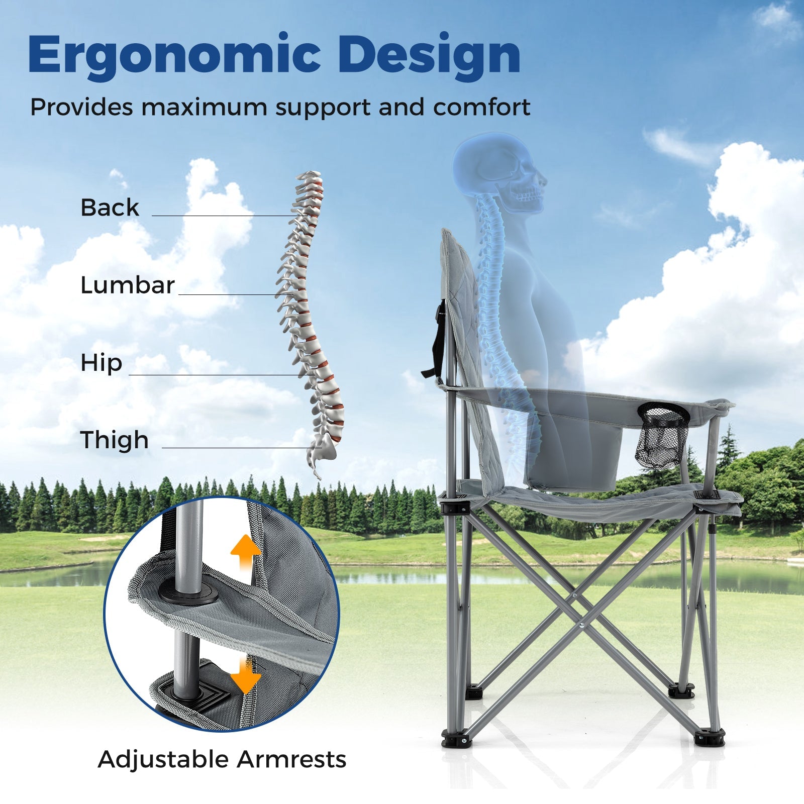 Oversized Camping Chairs Outdoor Folding Chair with Cooler Pouch and Cup Holder - Energize Trek
