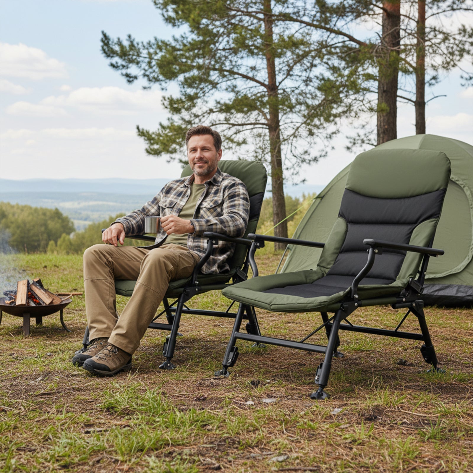Oversized Foldable Fishing Chair for Adults with Armrest-Green - Energize Trek