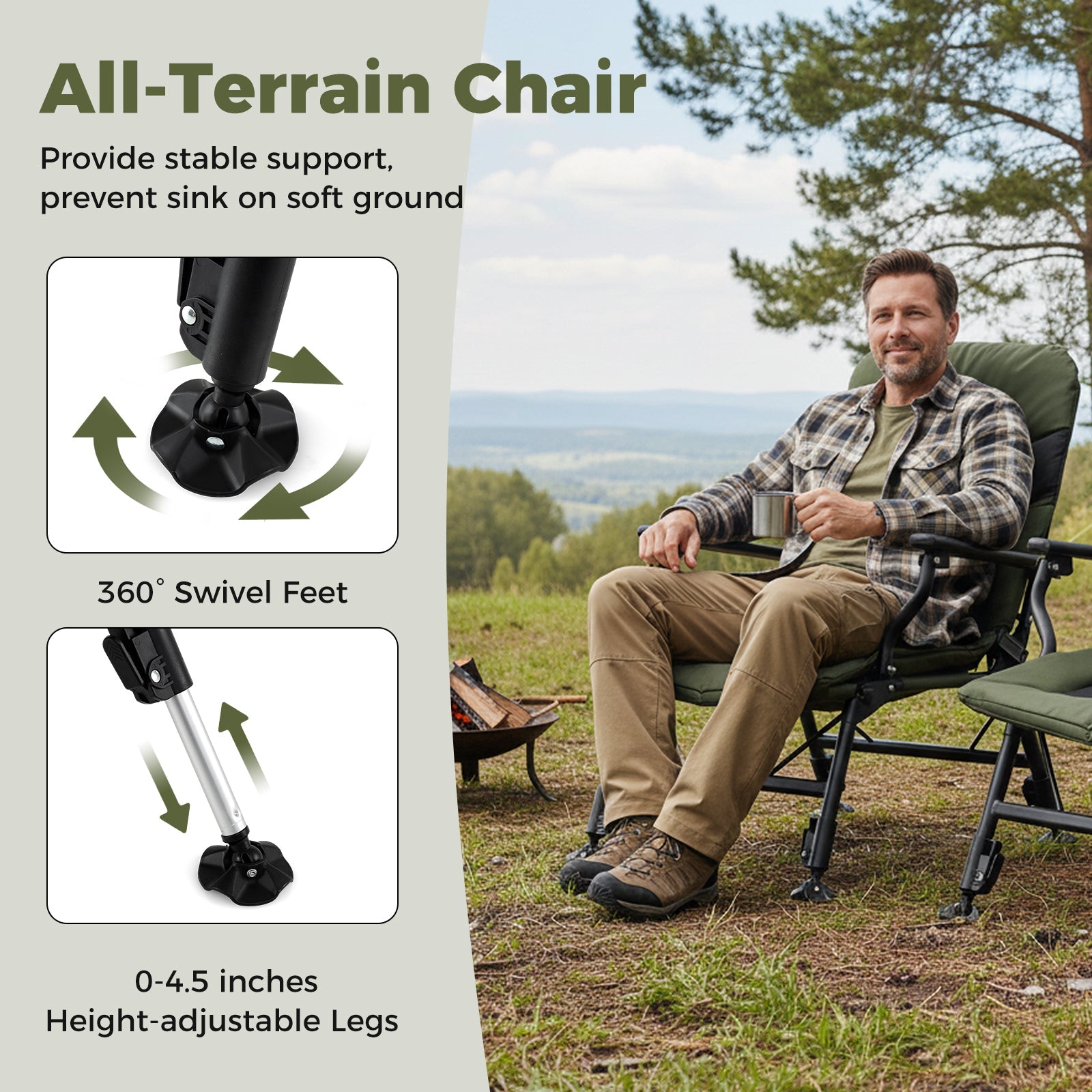 Oversized Foldable Fishing Chair for Adults with Armrest-Green - Energize Trek