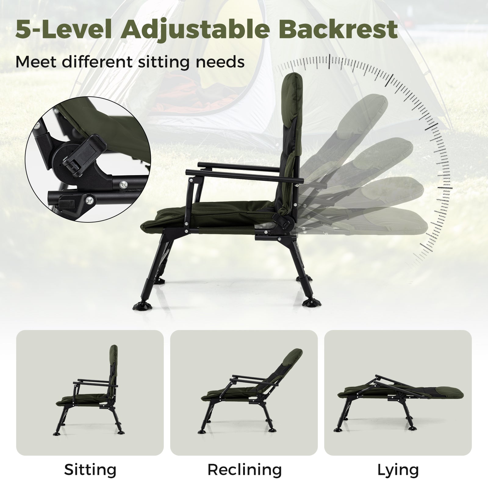 Oversized Foldable Fishing Chair for Adults with Armrest-Green - Energize Trek