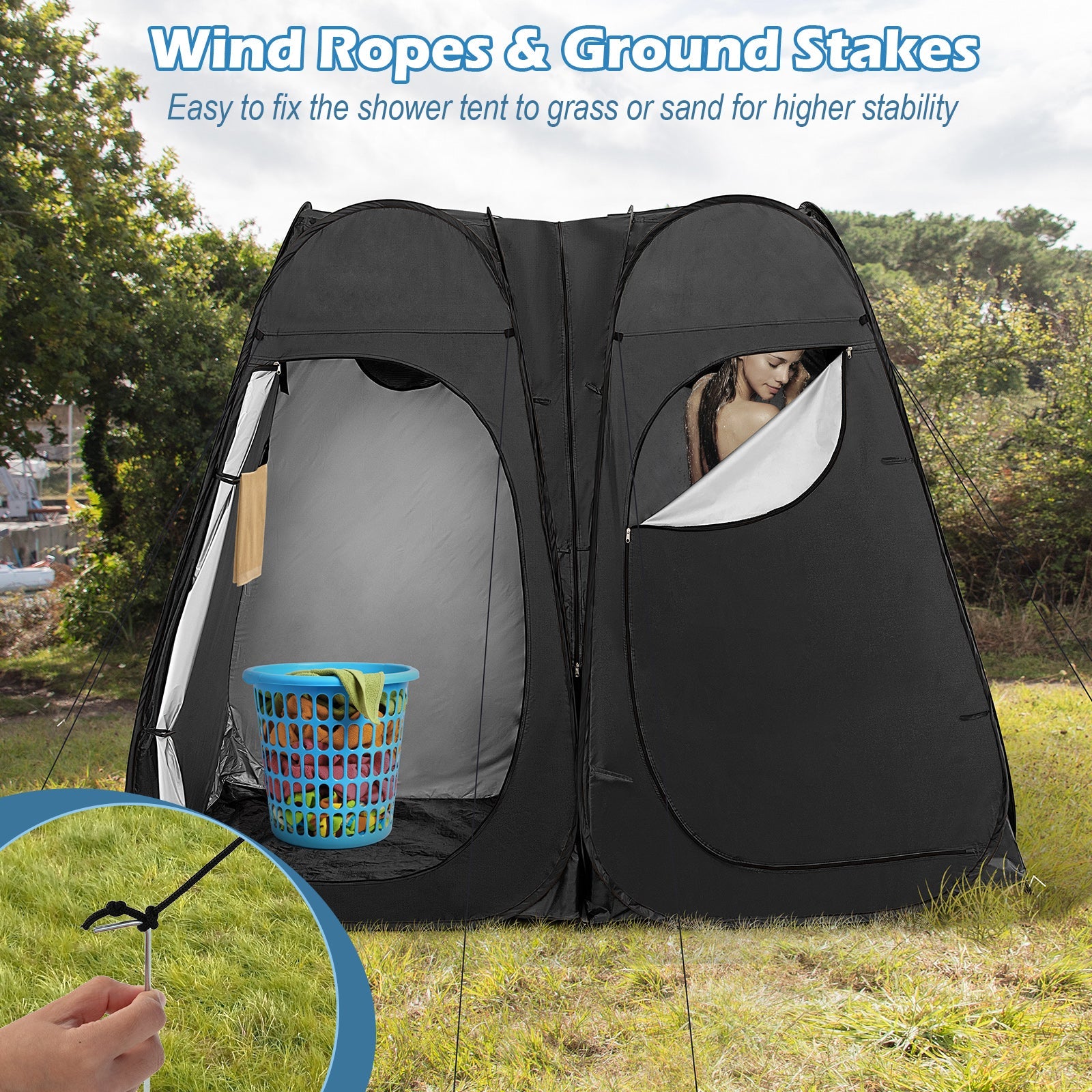 Oversized Pop Up Shower Tent with Window Floor and Storage Pocket - Energize Trek