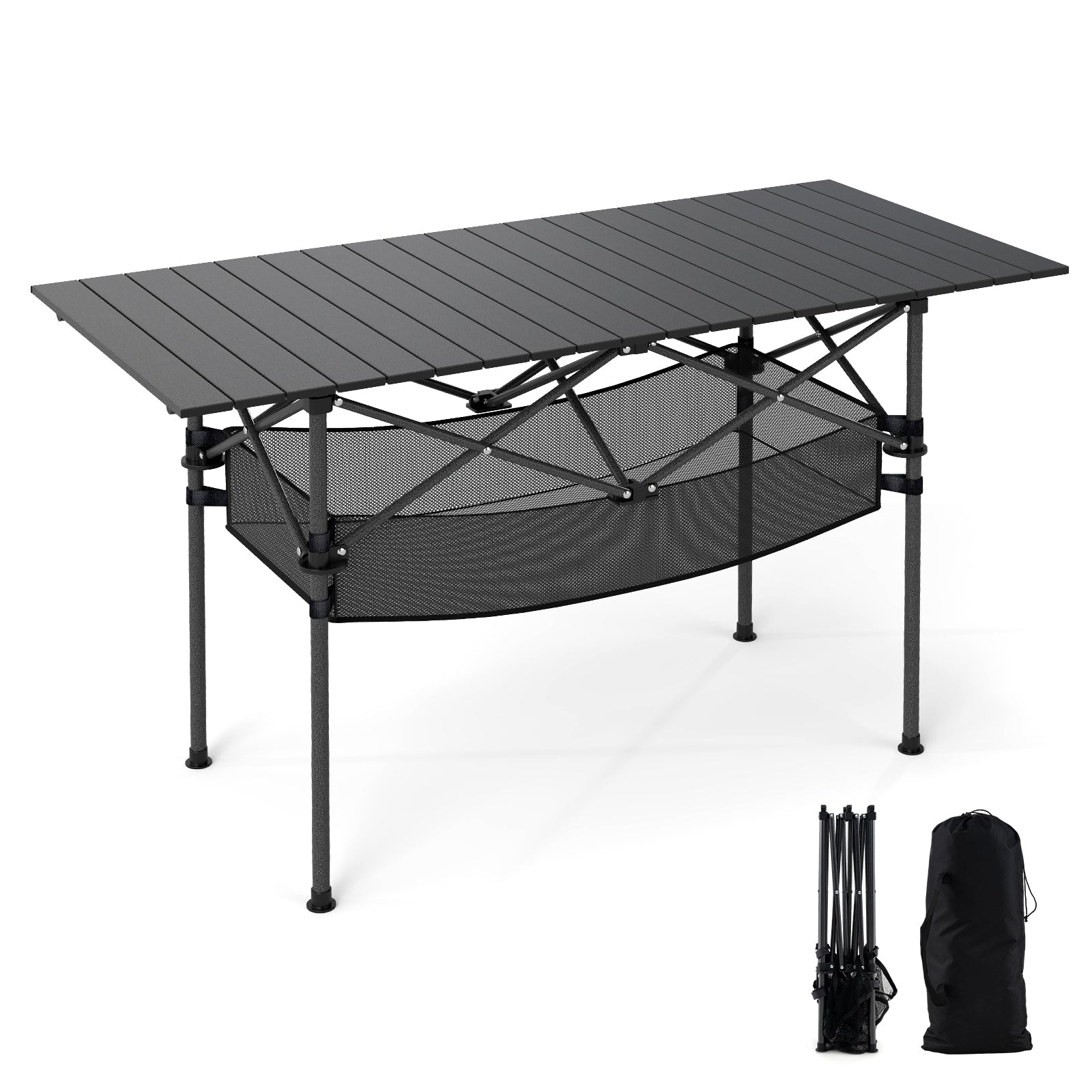 Patio Folding Camping Table with Roll-up Tabletop and Mesh Basket - Energize Trek