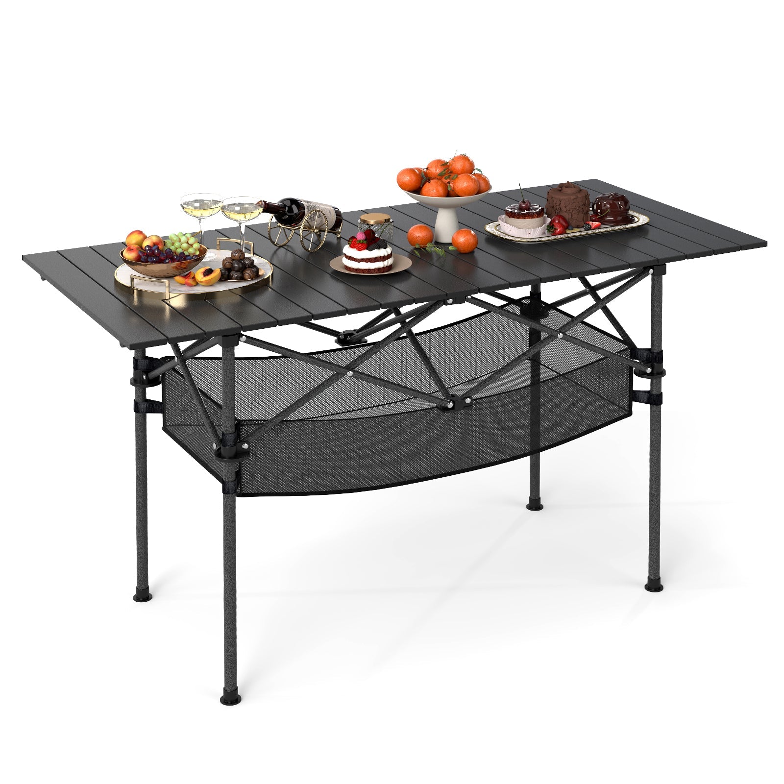 Patio Folding Camping Table with Roll-up Tabletop and Mesh Basket - Energize Trek