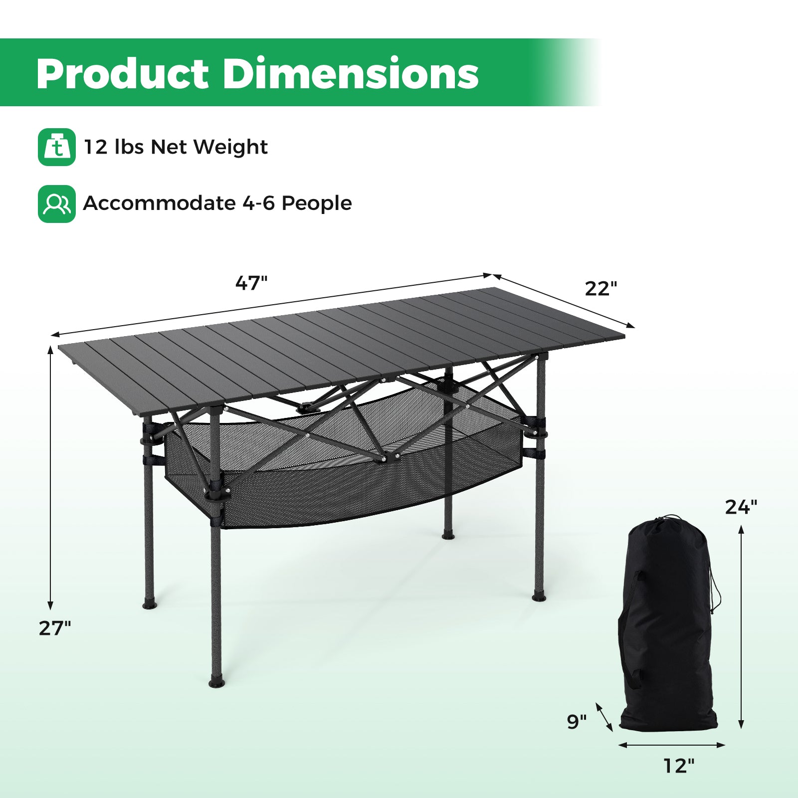 Patio Folding Camping Table with Roll-up Tabletop and Mesh Basket - Energize Trek