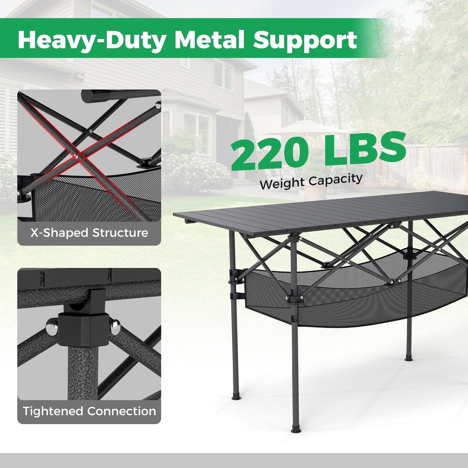 Patio Folding Camping Table with Roll-up Tabletop and Mesh Basket - Energize Trek