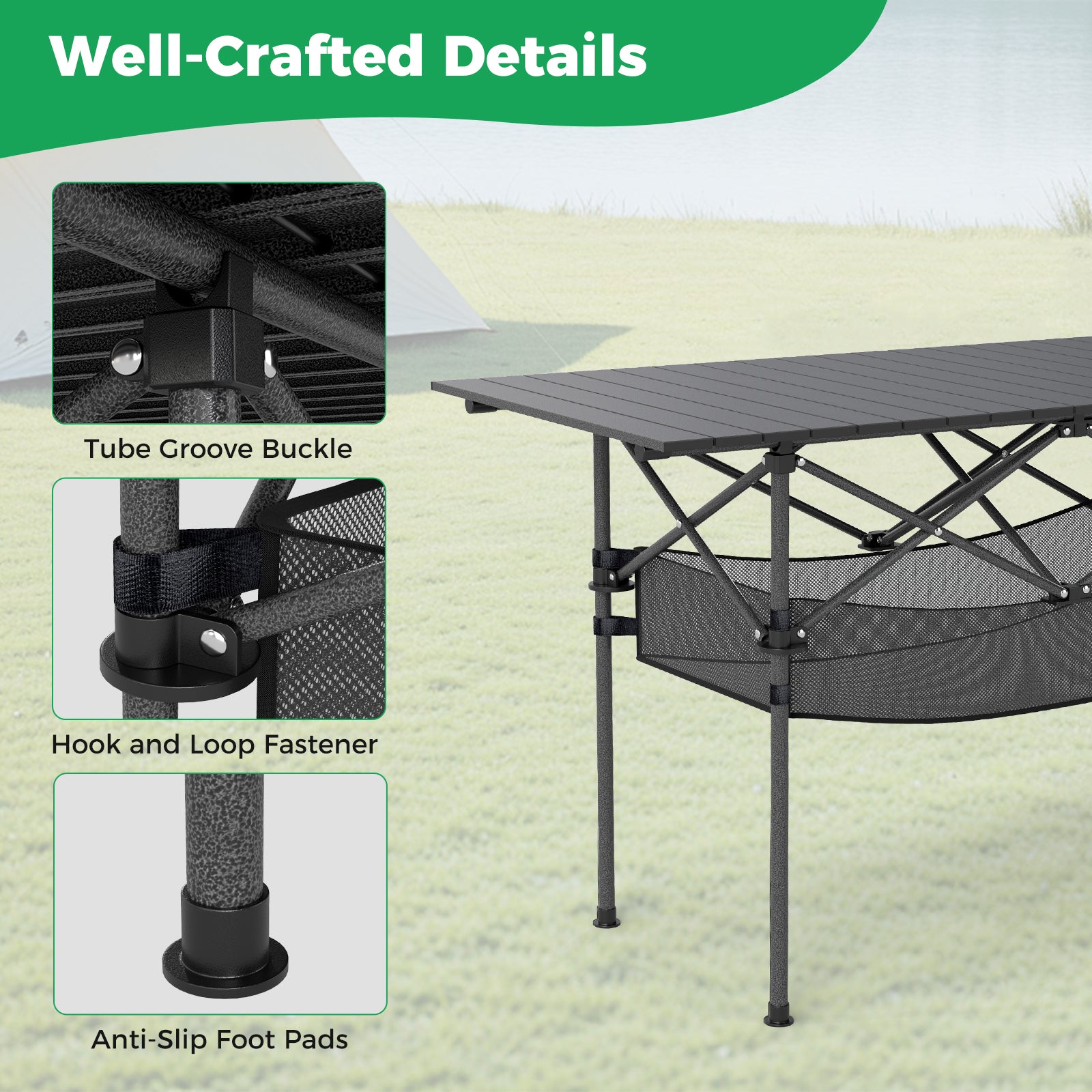 Patio Folding Camping Table with Roll-up Tabletop and Mesh Basket - Energize Trek