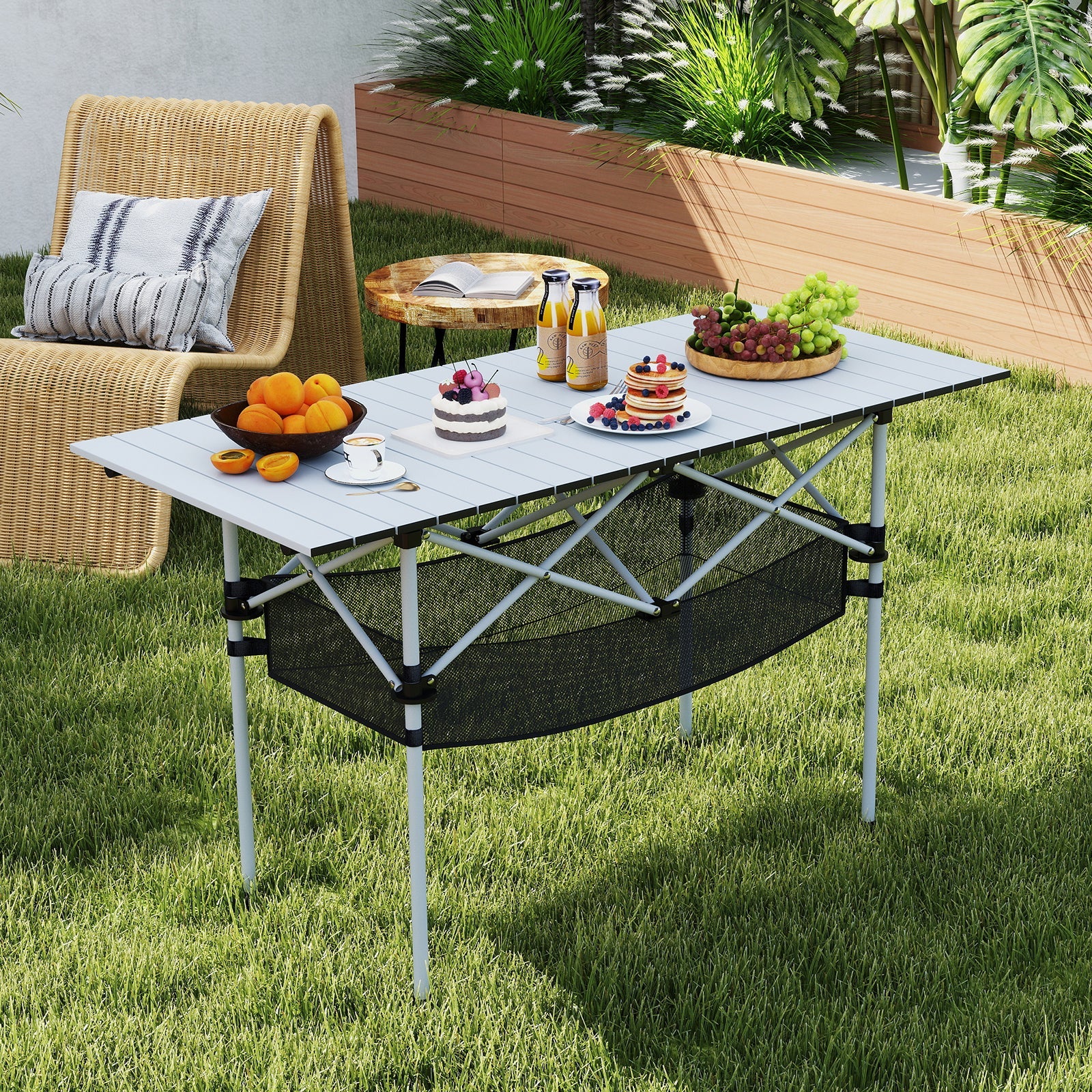 Patio Folding Camping Table with Roll-up Tabletop and Mesh Basket - Energize Trek